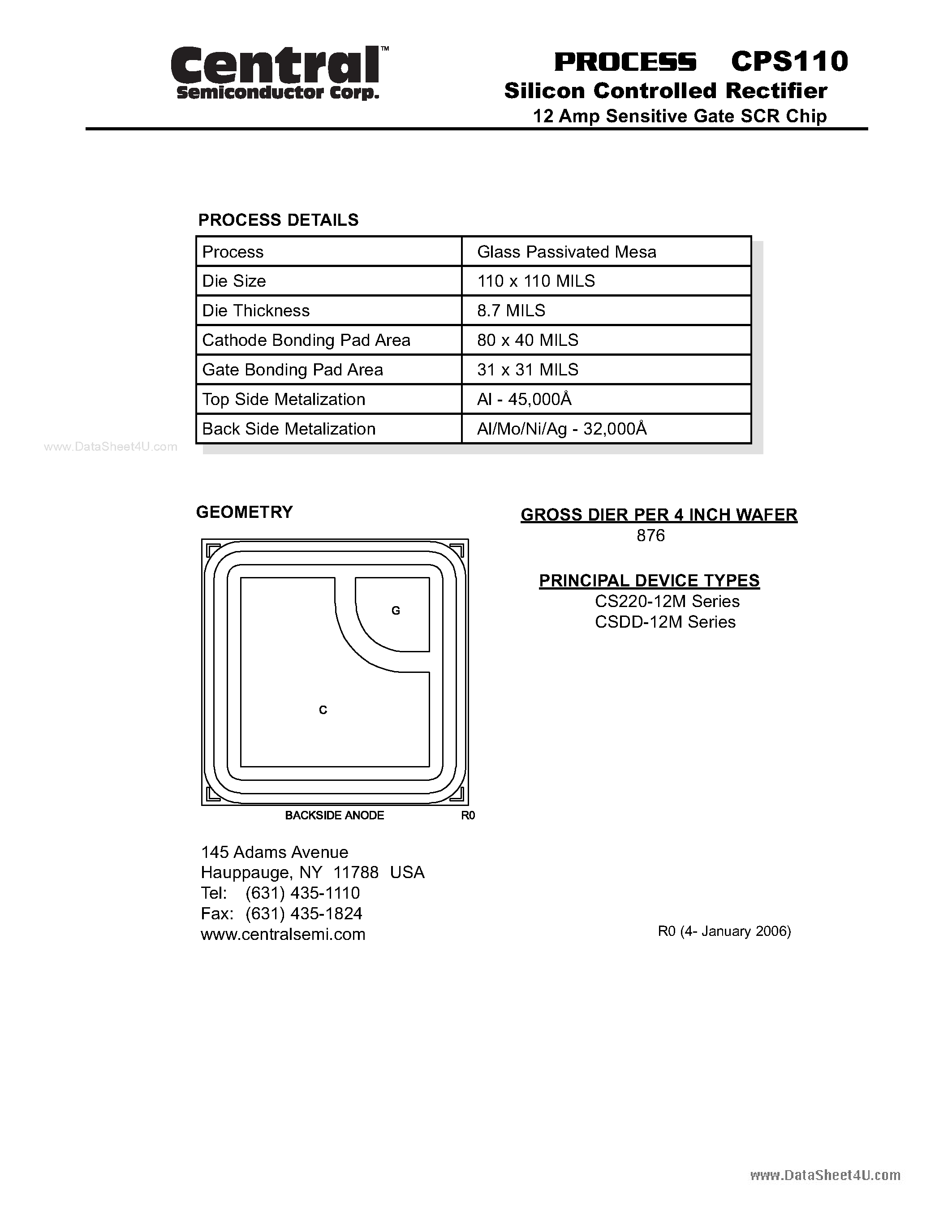 Datasheet CPS110 page 1 Datasheet CPS110 - Silicon Controlled Rectifier 12 Amp Sensitive Gate SCR Chip page 1