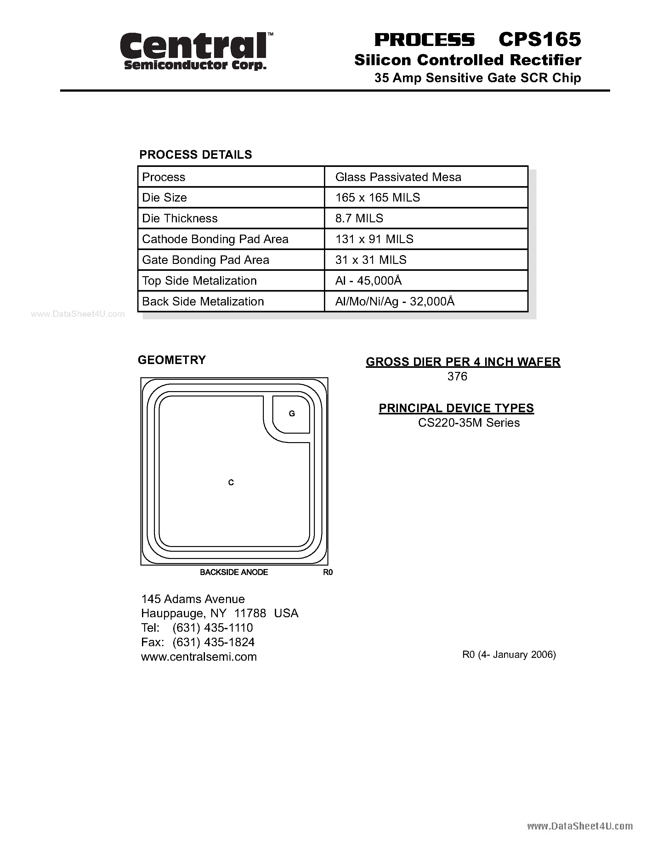 Datasheet CPS165 page 1 Datasheet CPS165 - Silicon Controlled Rectifier 35 Amp Sensitive Gate SCR Chip page 1