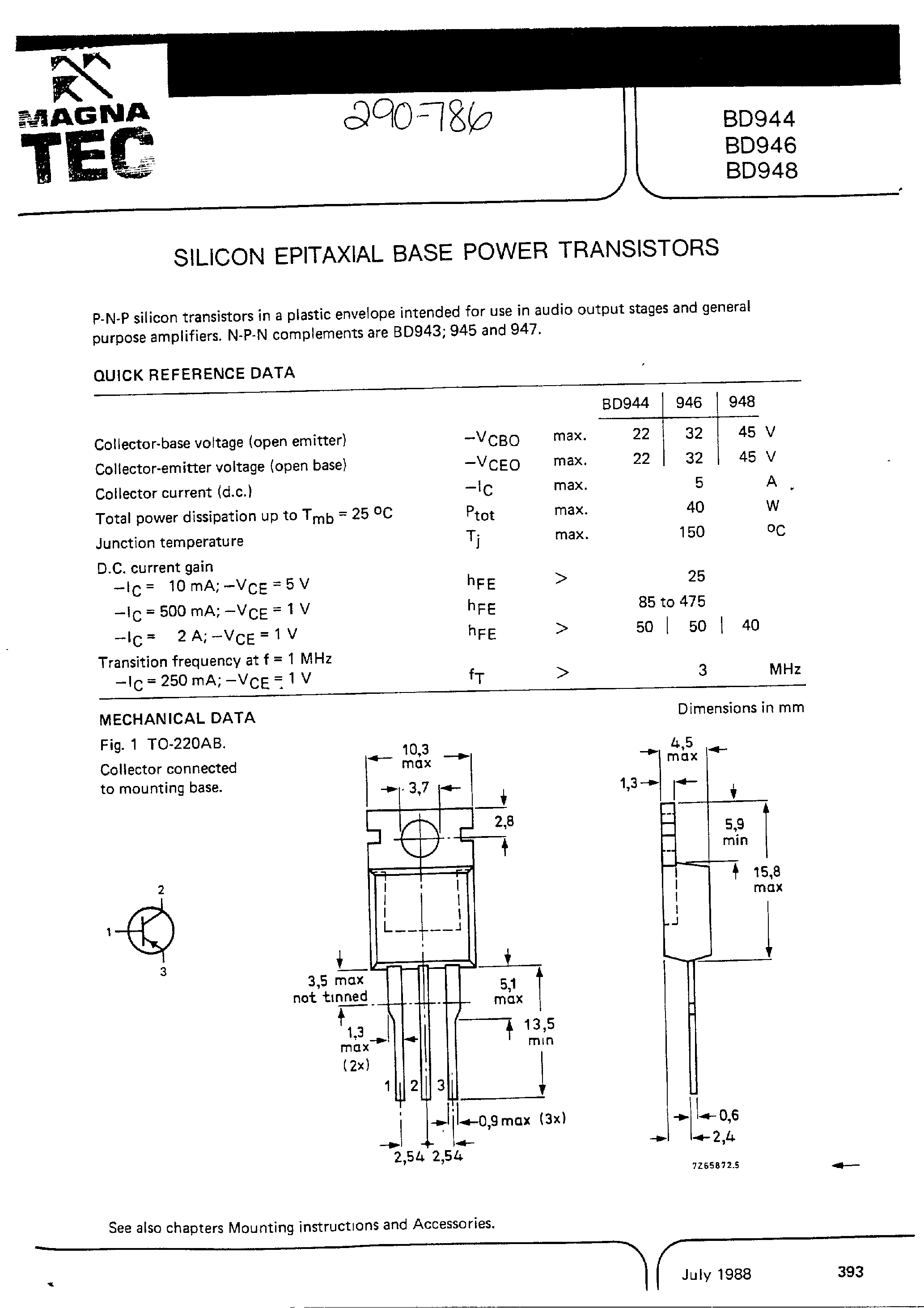 Даташит BD944 - (BD944 - BD948) Silicon Epitaxial Base Power Transistors страница 1