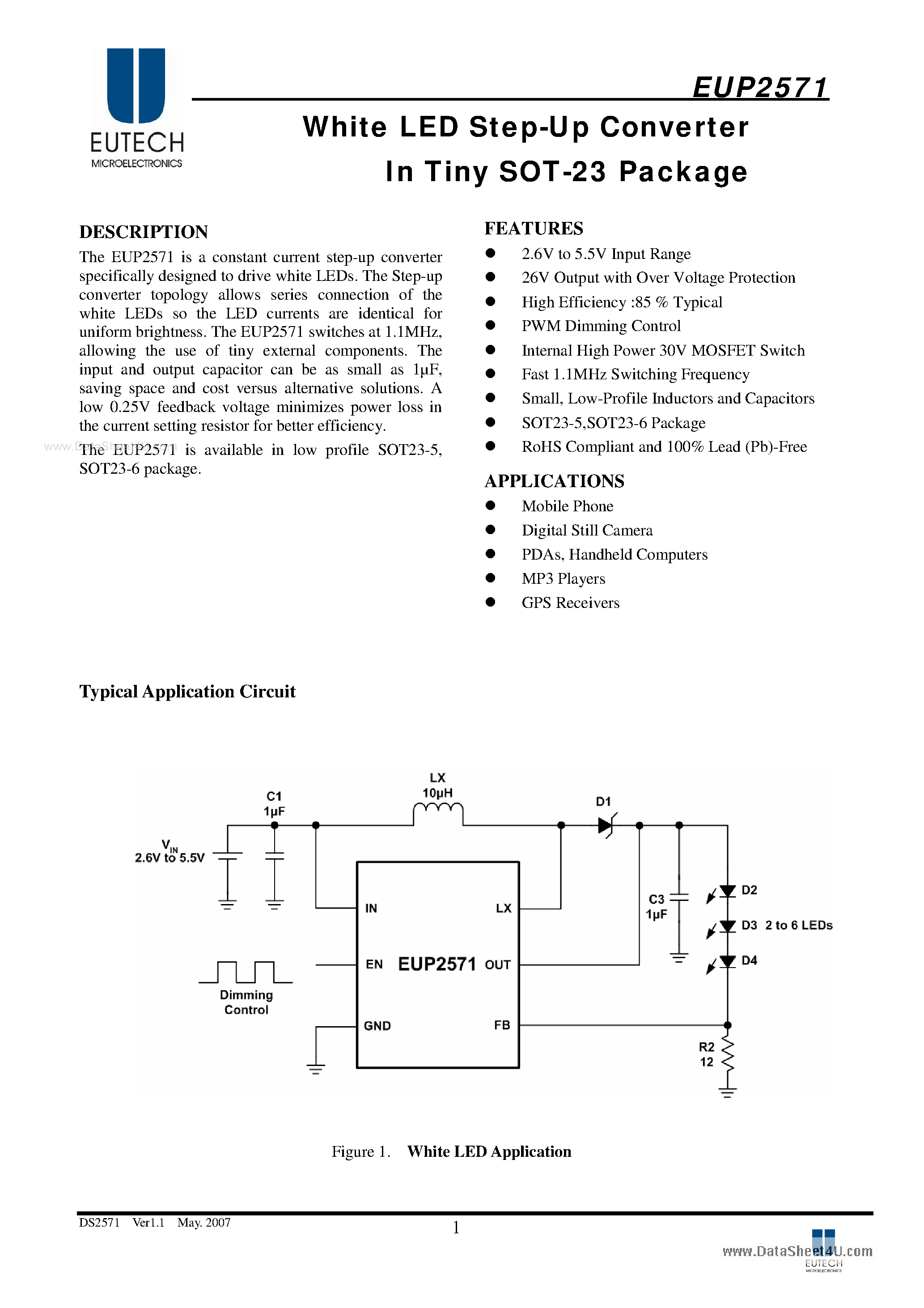 Даташит на микросхему EUP2571 страница 1 Даташит EUP2571 - White LED Step-Up Converter страница 1