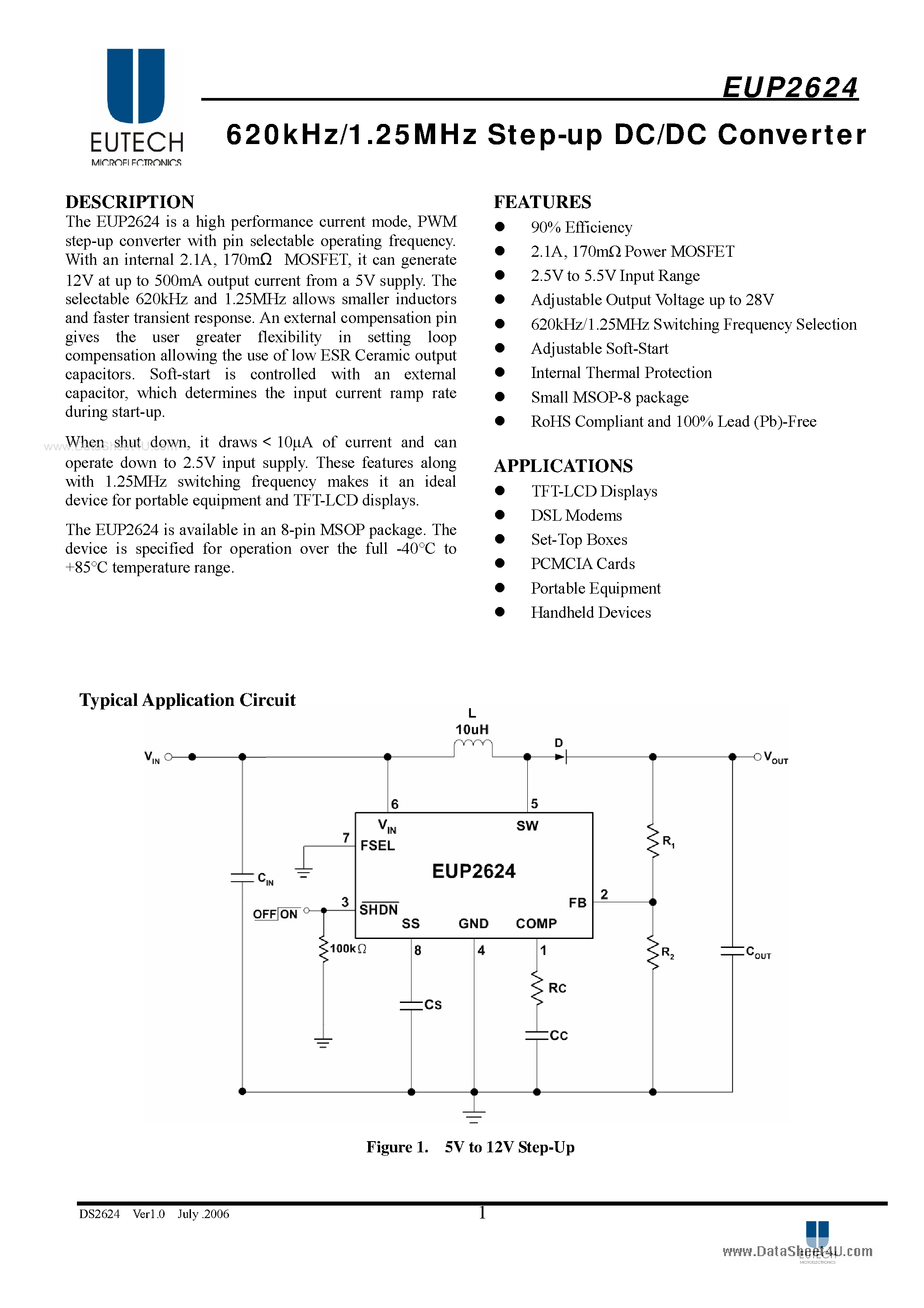 Даташит на микросхему EUP2624 страница 1 Даташит EUP2624 - 620kHz/1.25MHz Step-up DC/DC Converter страница 1