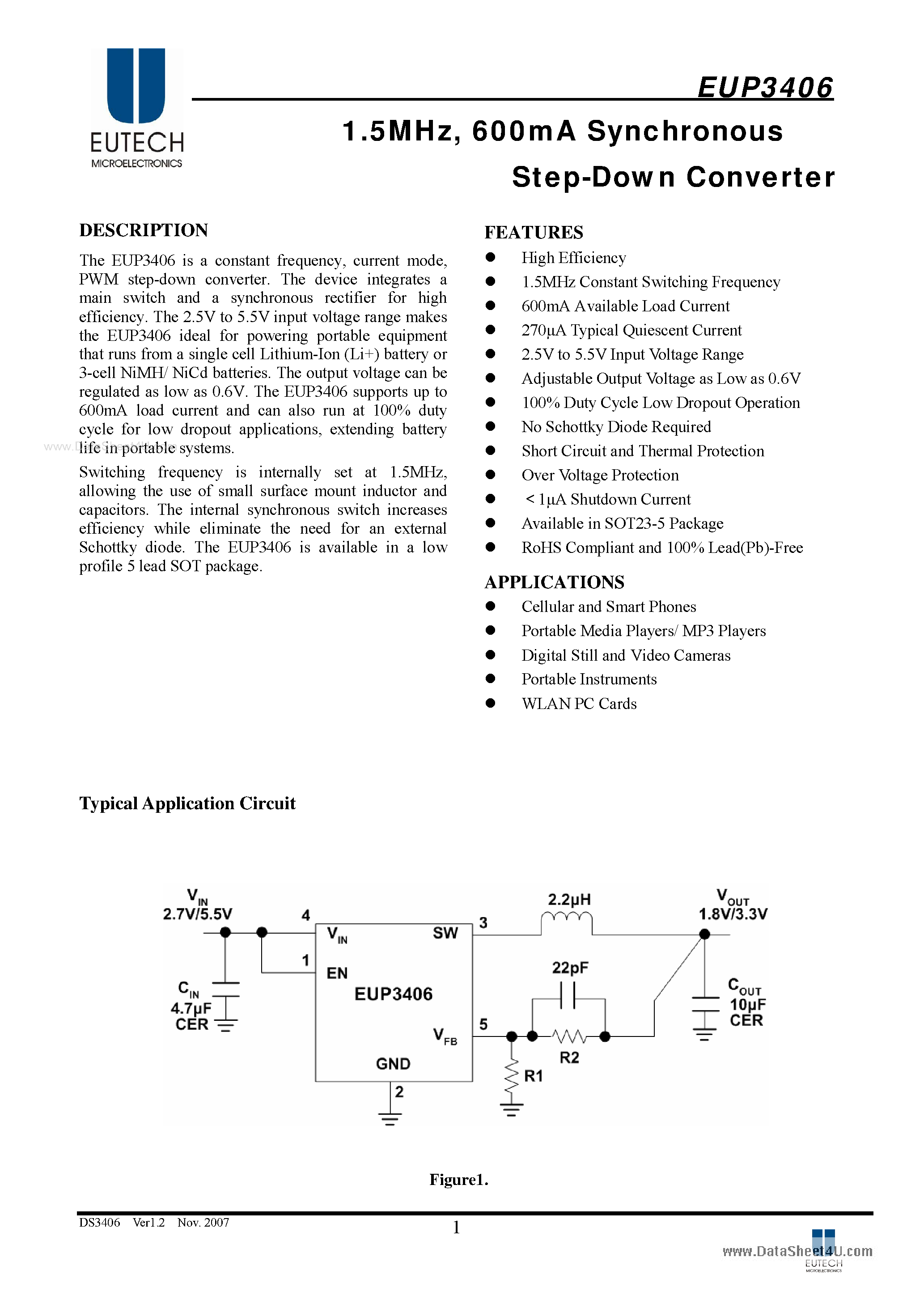 Даташит EUP3406 - 600mA Synchronous Step-Down Converter страница 1