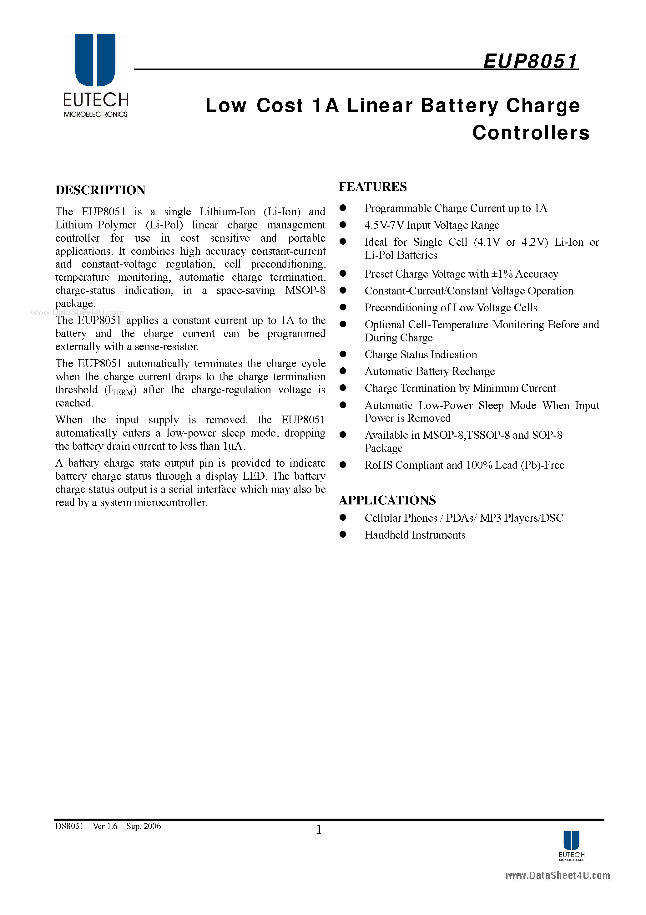 Datasheet EUP8051 - Low Cost 1A Linear Battery Charge Controllers page 1
