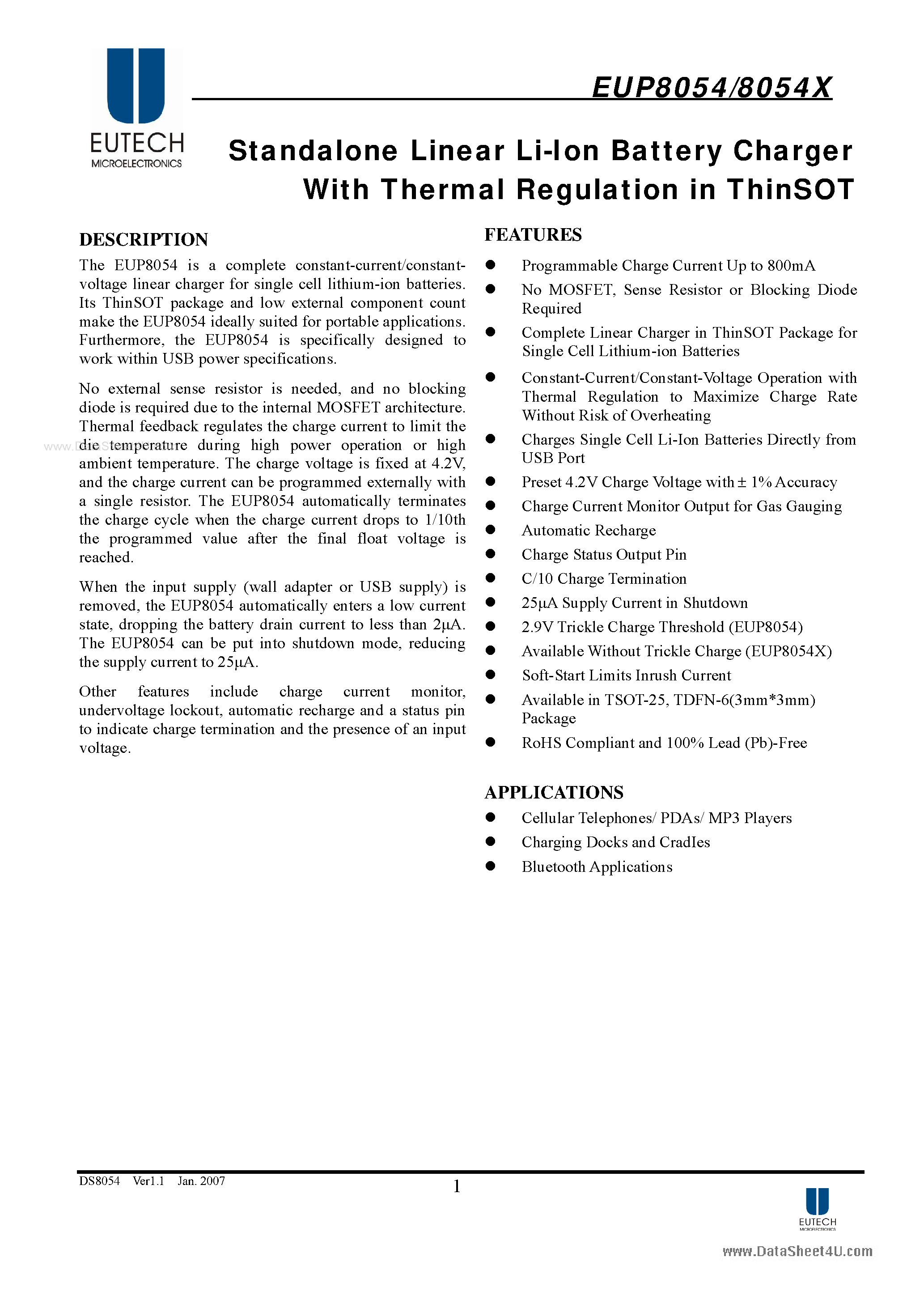 Datasheet EUP8054 - Standalone Linear Li-Ion Battery Charger page 1