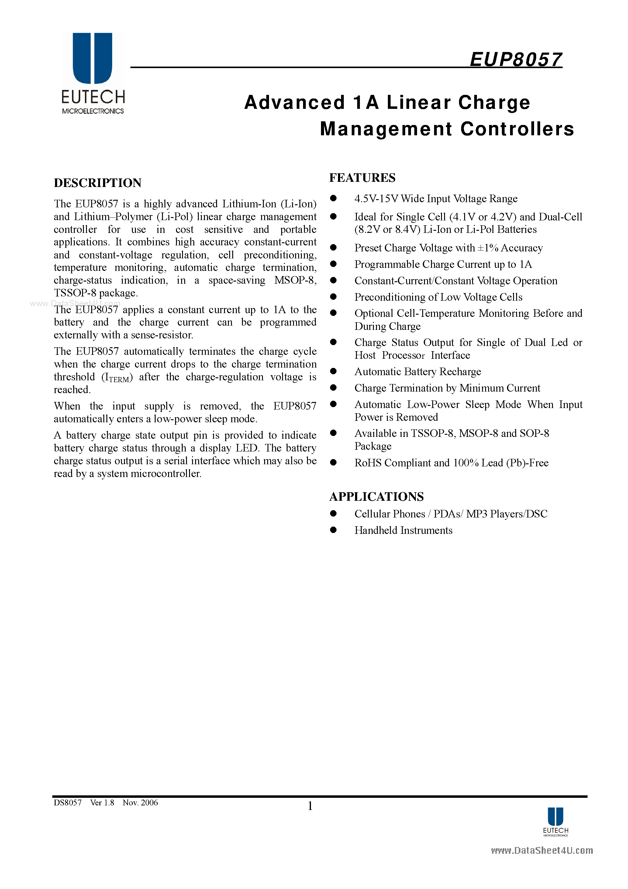 Datasheet EUP8057 - Advanced 1A Linear Charge Management Controllers page 1