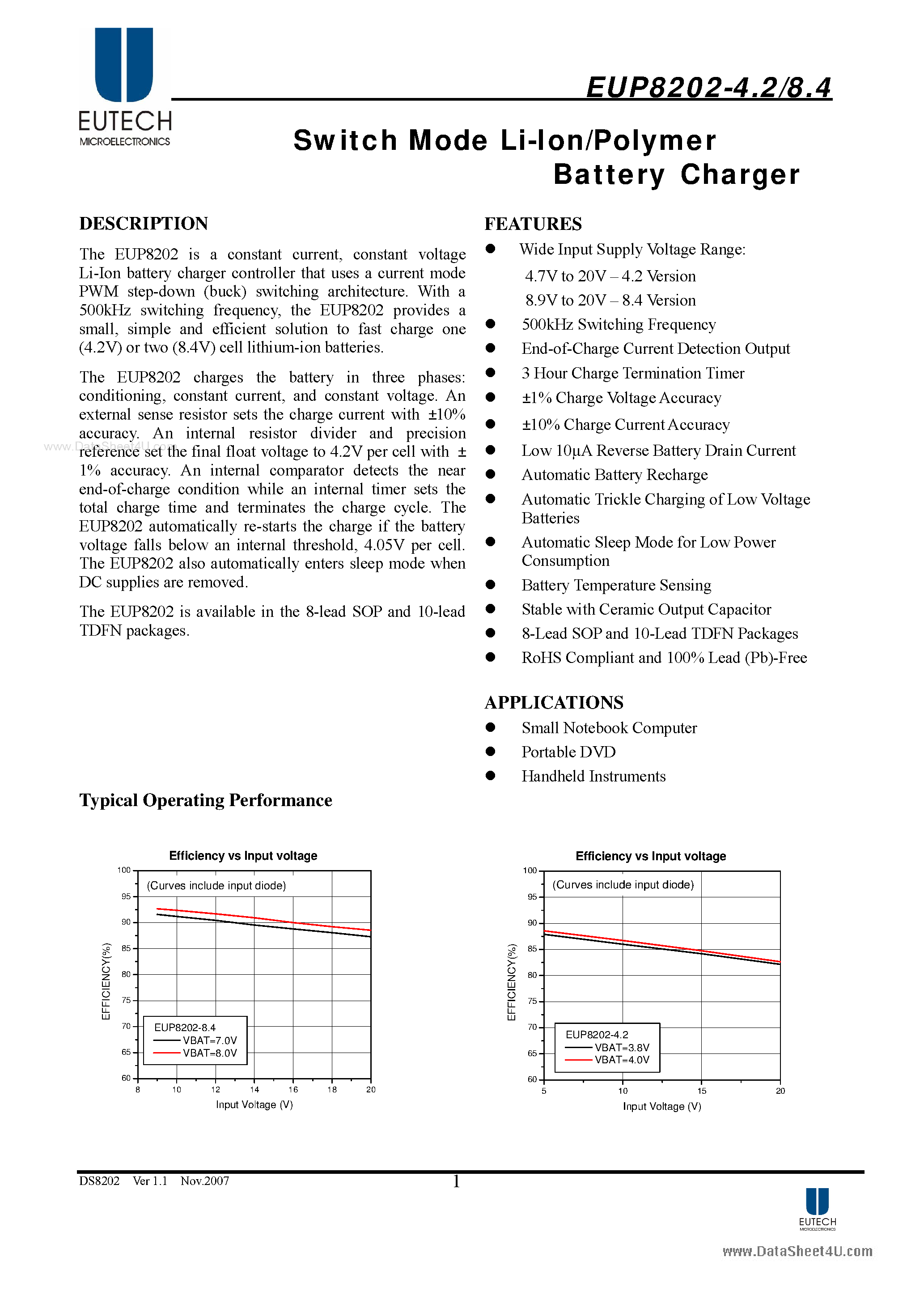 Datasheet EUP8202-4.2 - Switch Mode Li-Ion/Polymer Battery Charger page 1