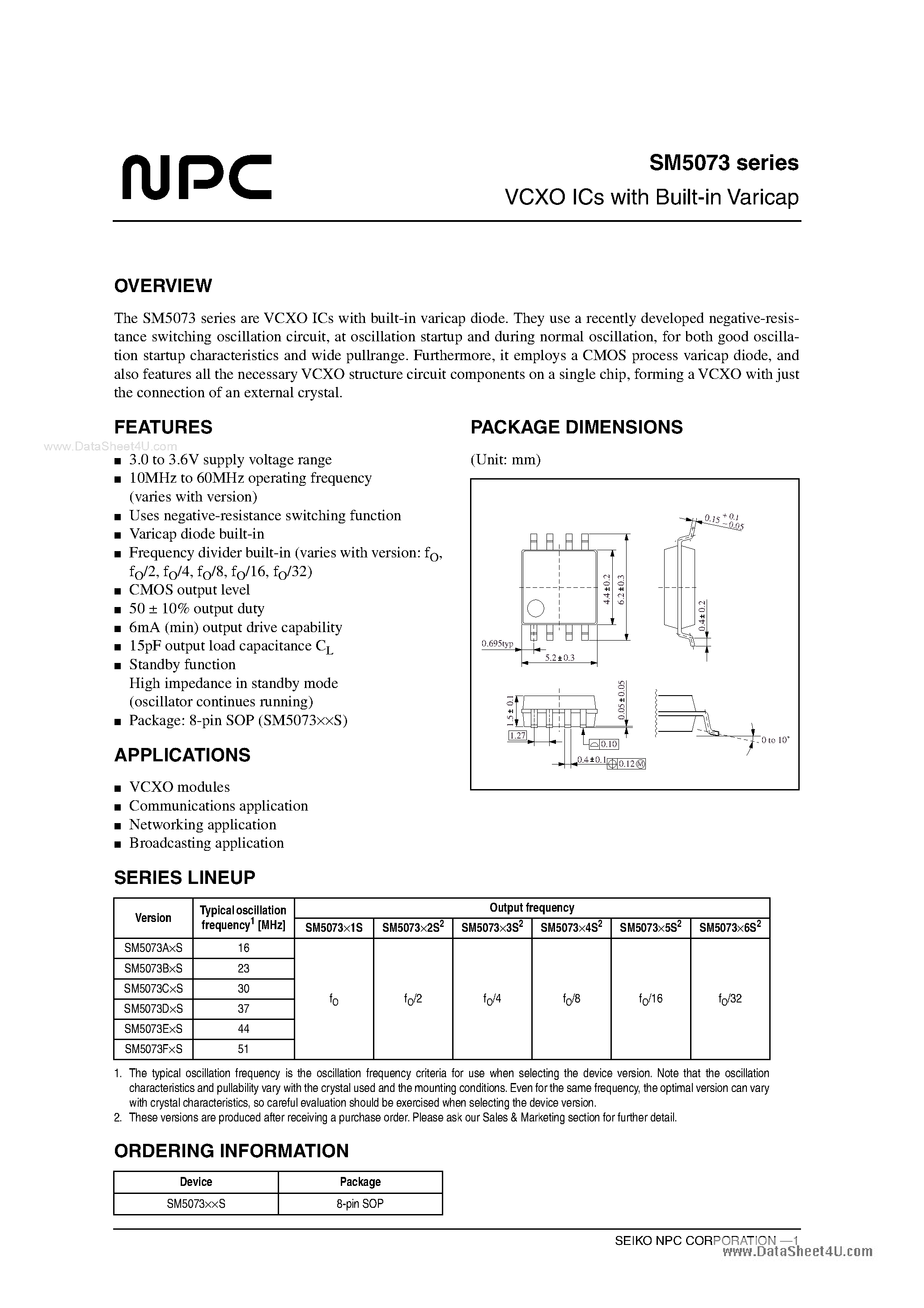 Datasheet SM5073 page 1 Datasheet SM5073 - VCXO ICs page 1