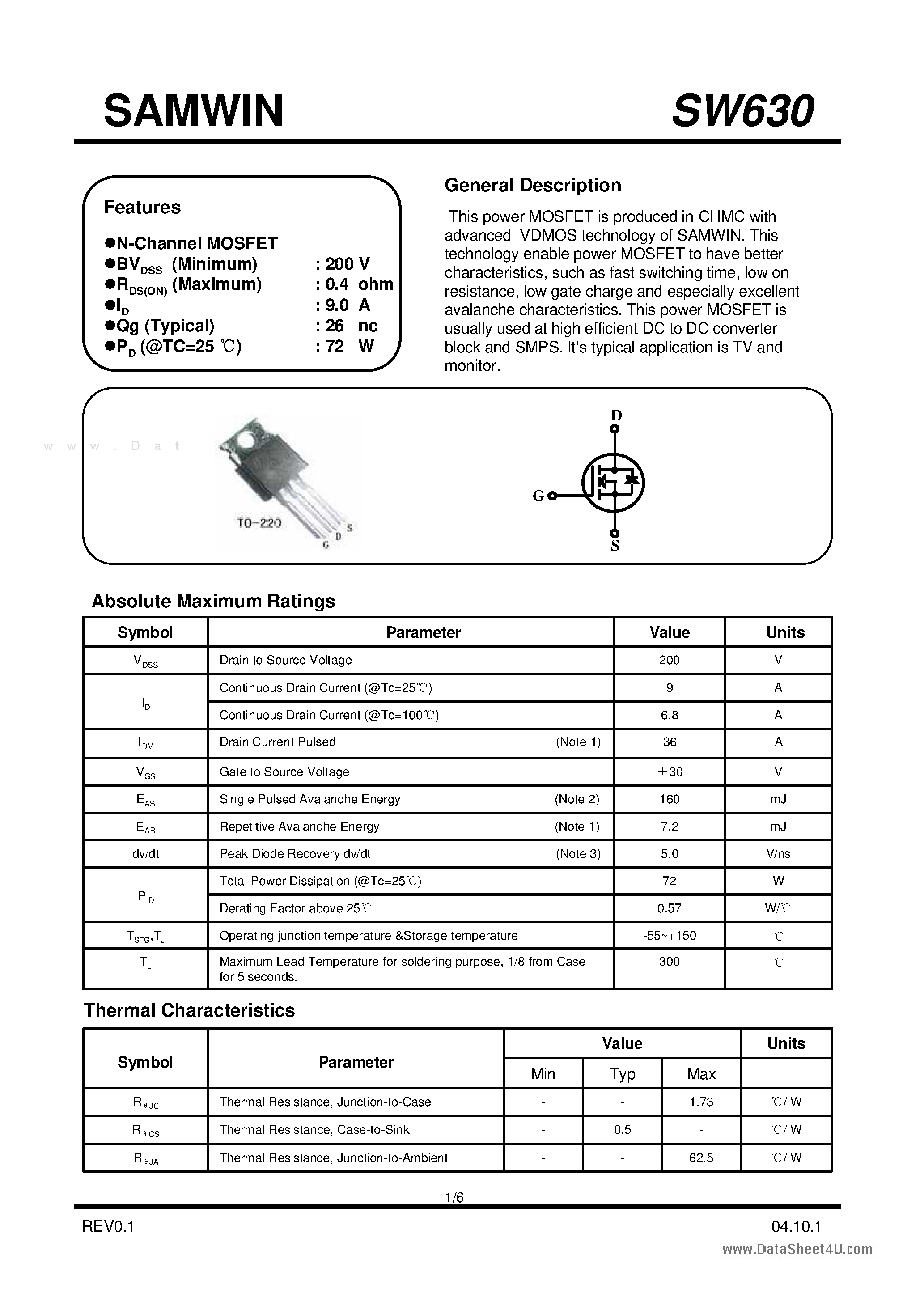 Datasheet SW630 page 1 Datasheet SW630 - N-Channel MOSFET page 1
