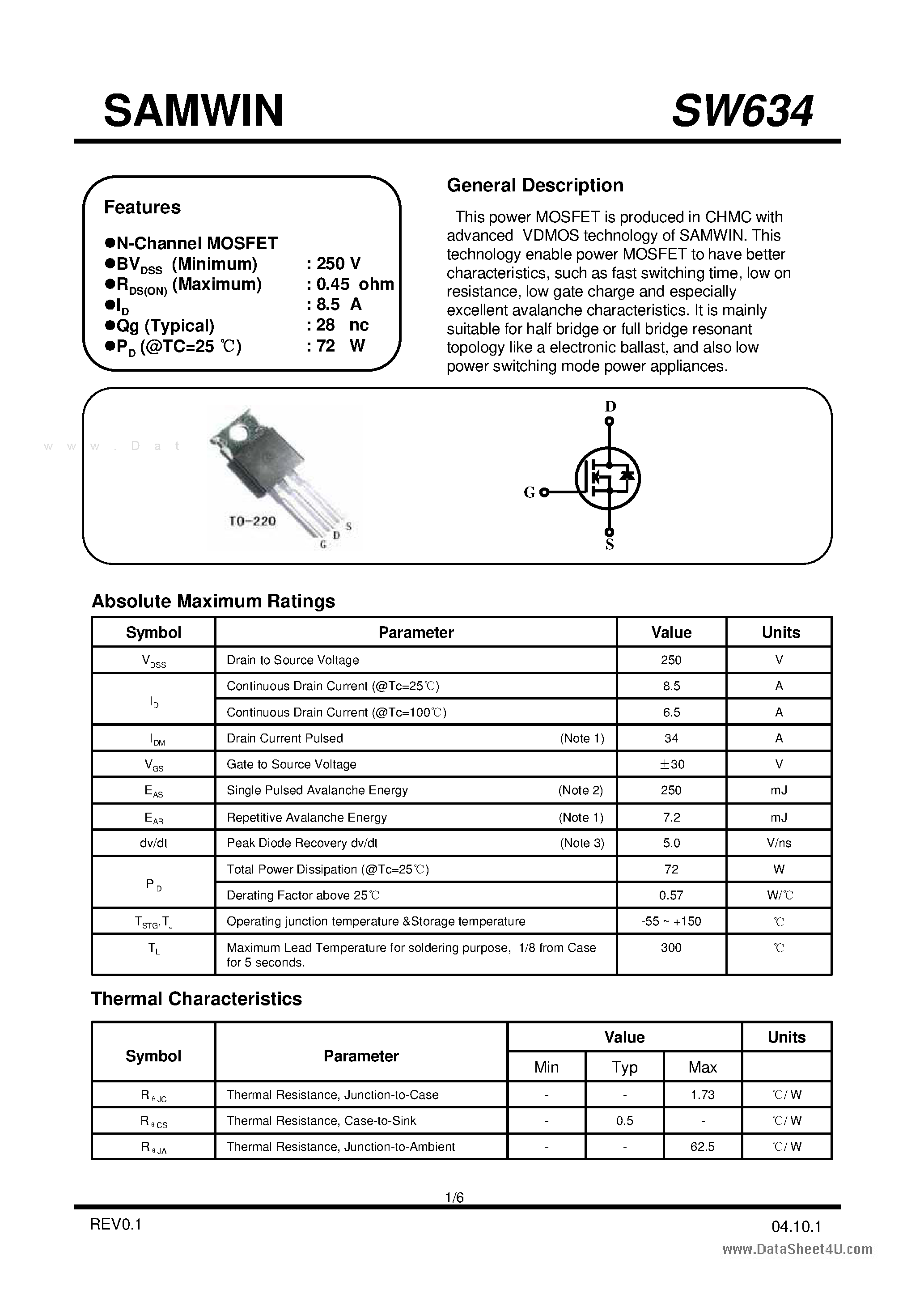 Datasheet SW634 page 1 Datasheet SW634 - N-Channel MOSFET page 1
