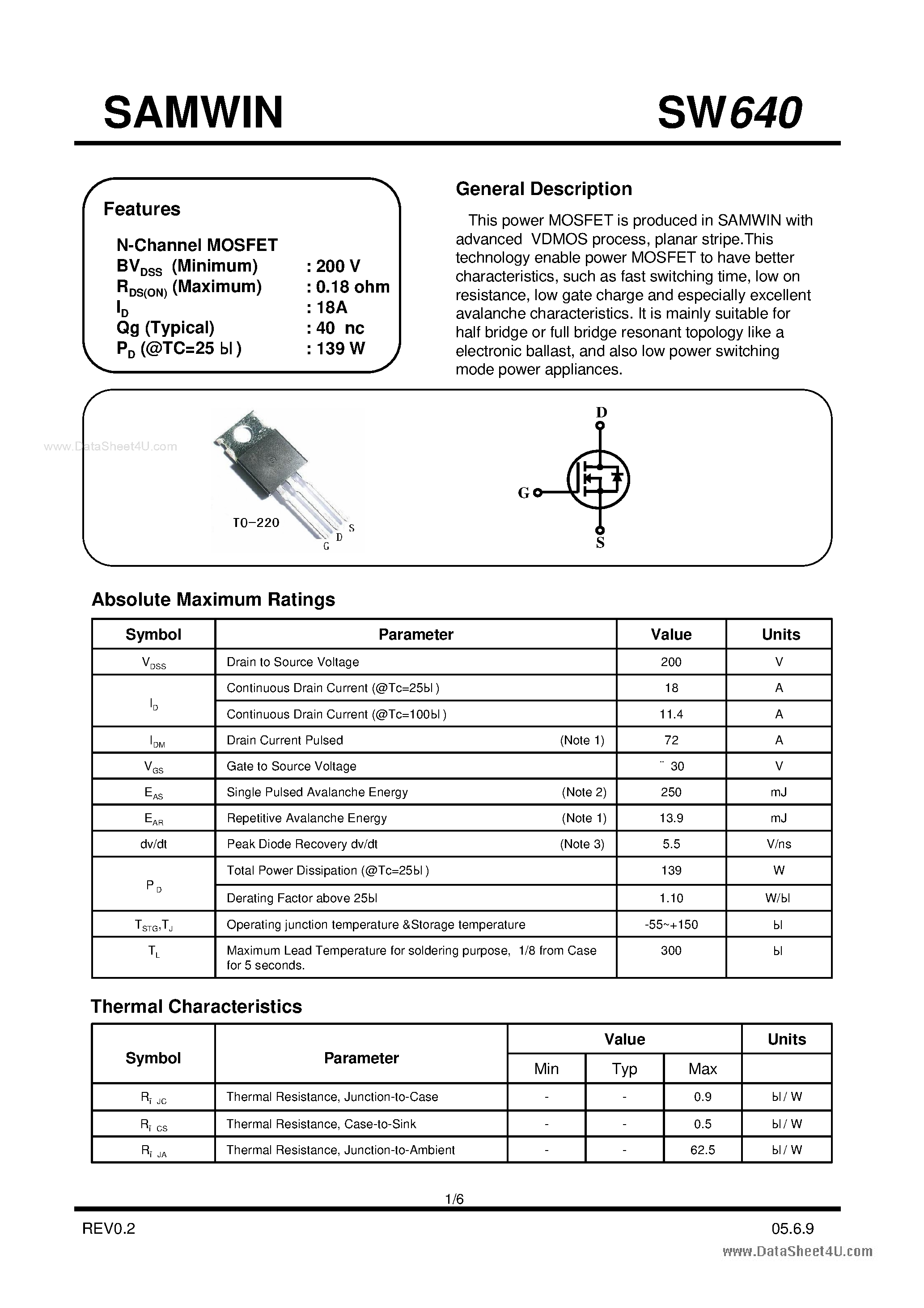 Datasheet SW640 - N-Channel MOSFET page 1