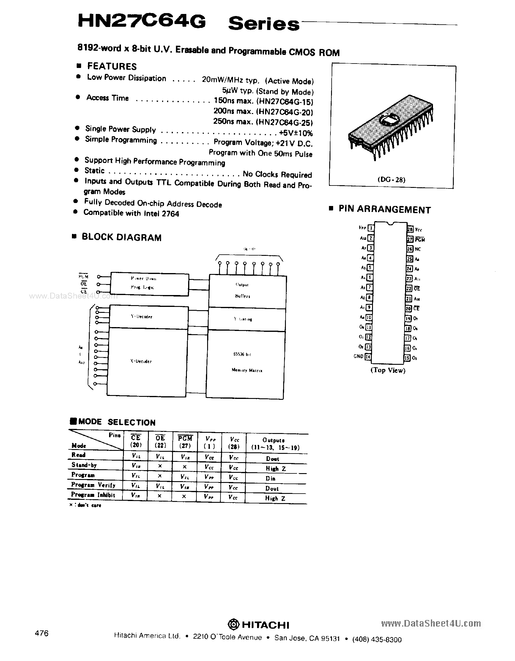 Даташит HN27C64G - 8192-word x 8-bit UV Erasable and Programmable CMOS ROM страница 1