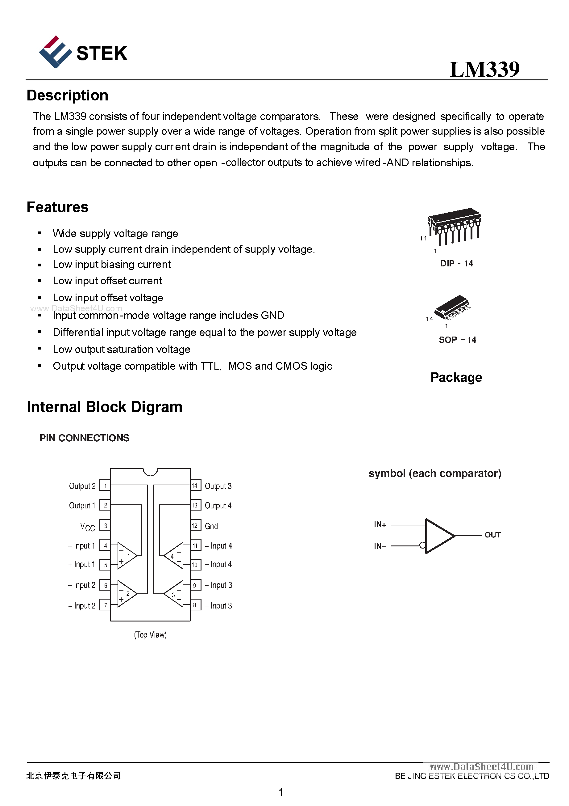 Datasheet LM339 - consists of four independent voltage comparators page 1