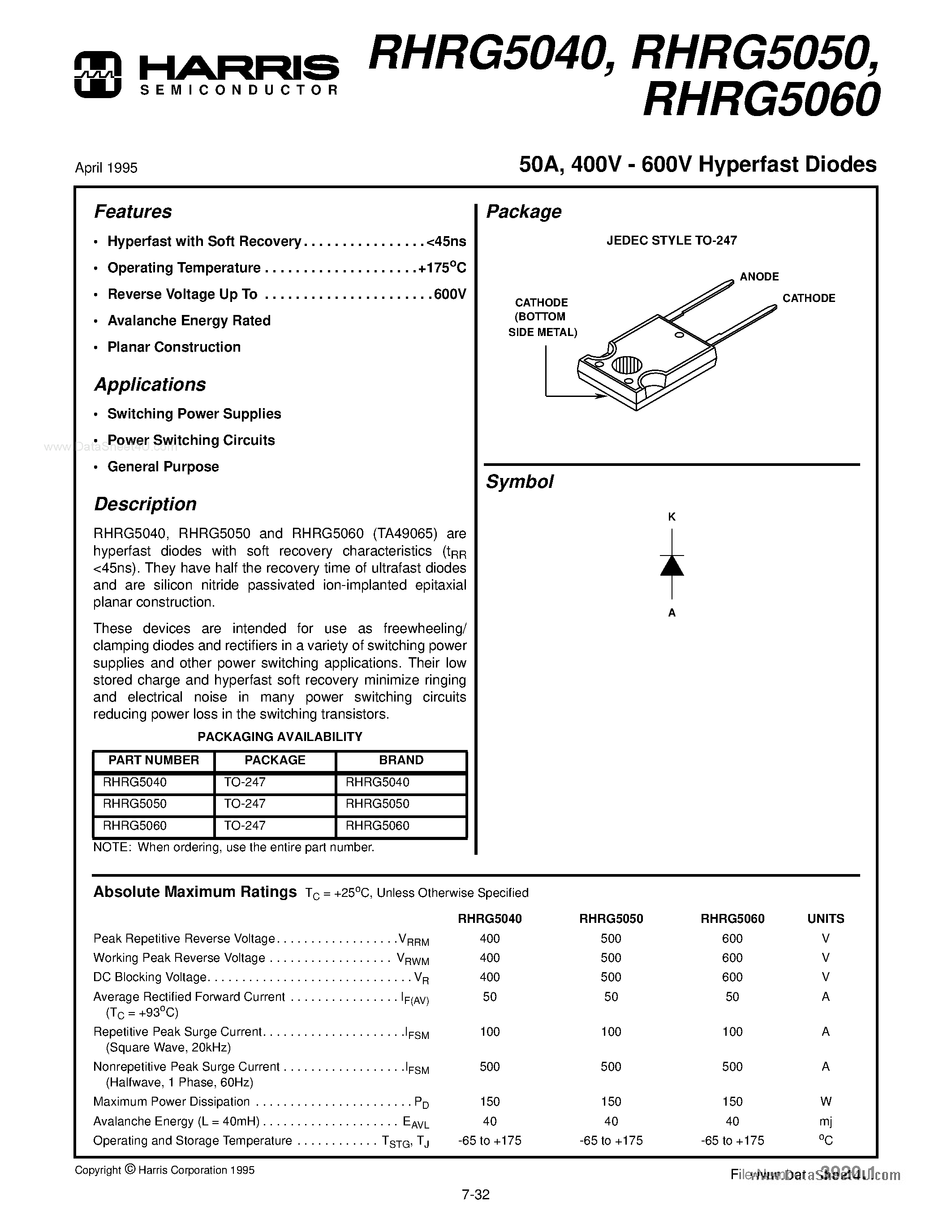 Даташит на микросхему RHRG5040 страница 1 Даташит RHRG5040 - (RHRG5040 - RHRG5060) Hyperfast Diodes страница 1