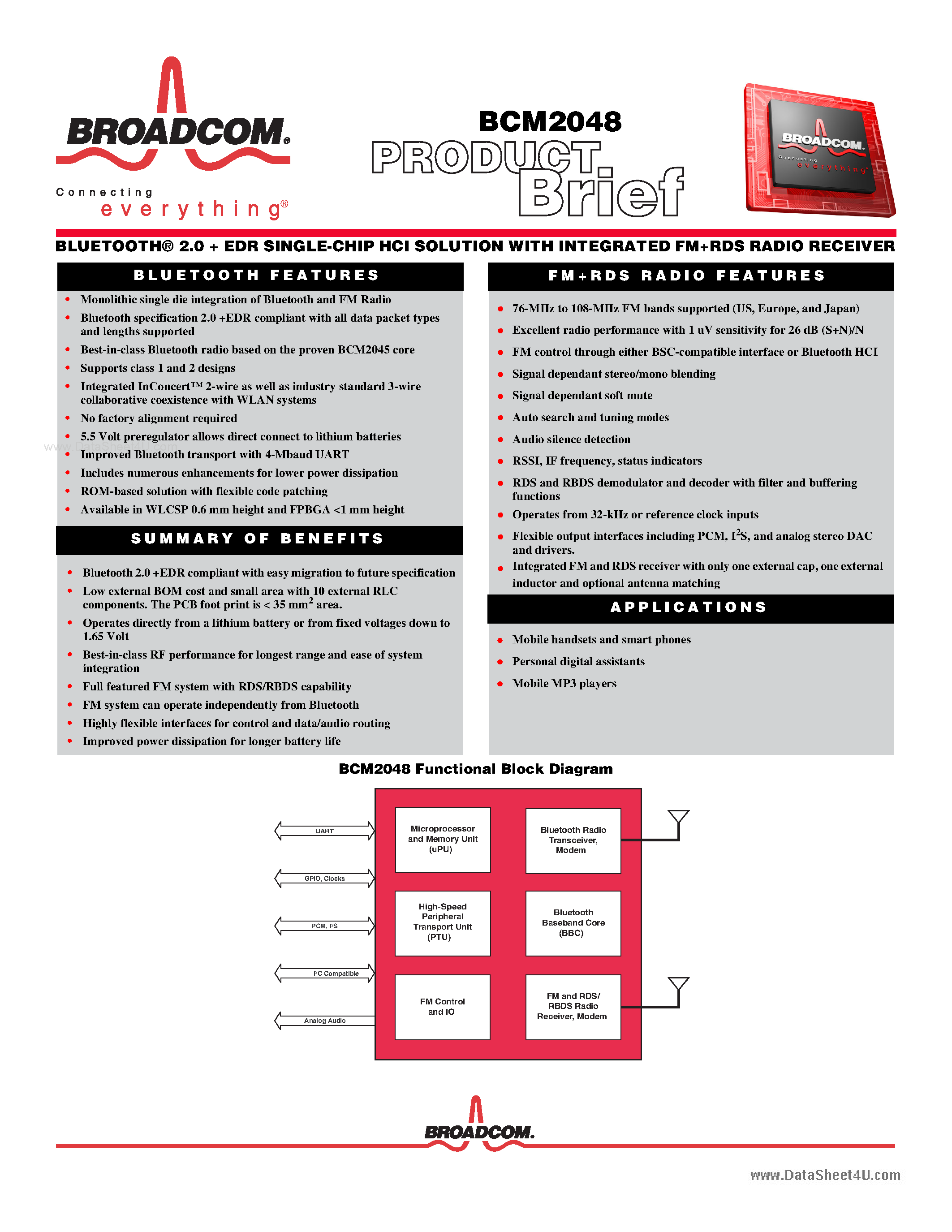Datasheet BCM2048 page 1 Datasheet BCM2048 - BLUETOOTH 2.0 EDR SINGLE-CHIP HCI SOLUTION page 1