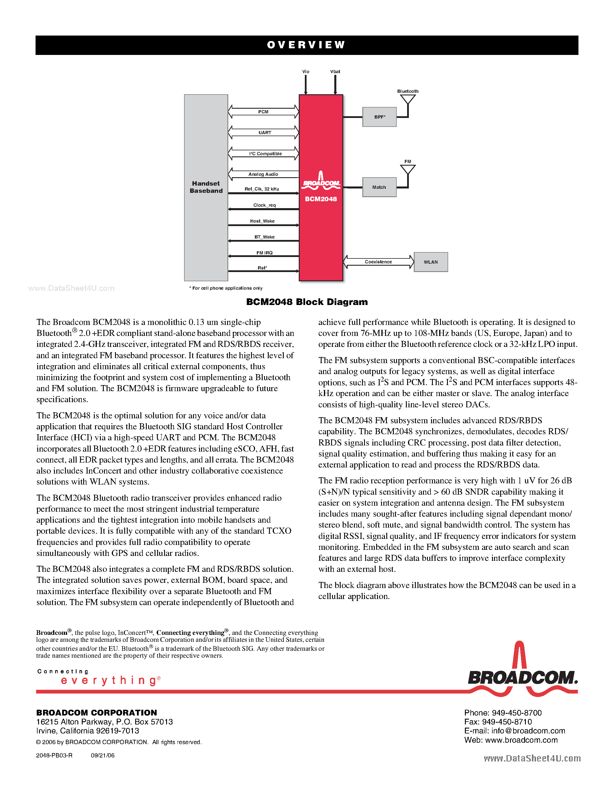 Datasheet BCM2048 page 2 Datasheet BCM2048 - BLUETOOTH 2.0 EDR SINGLE-CHIP HCI SOLUTION page 2
