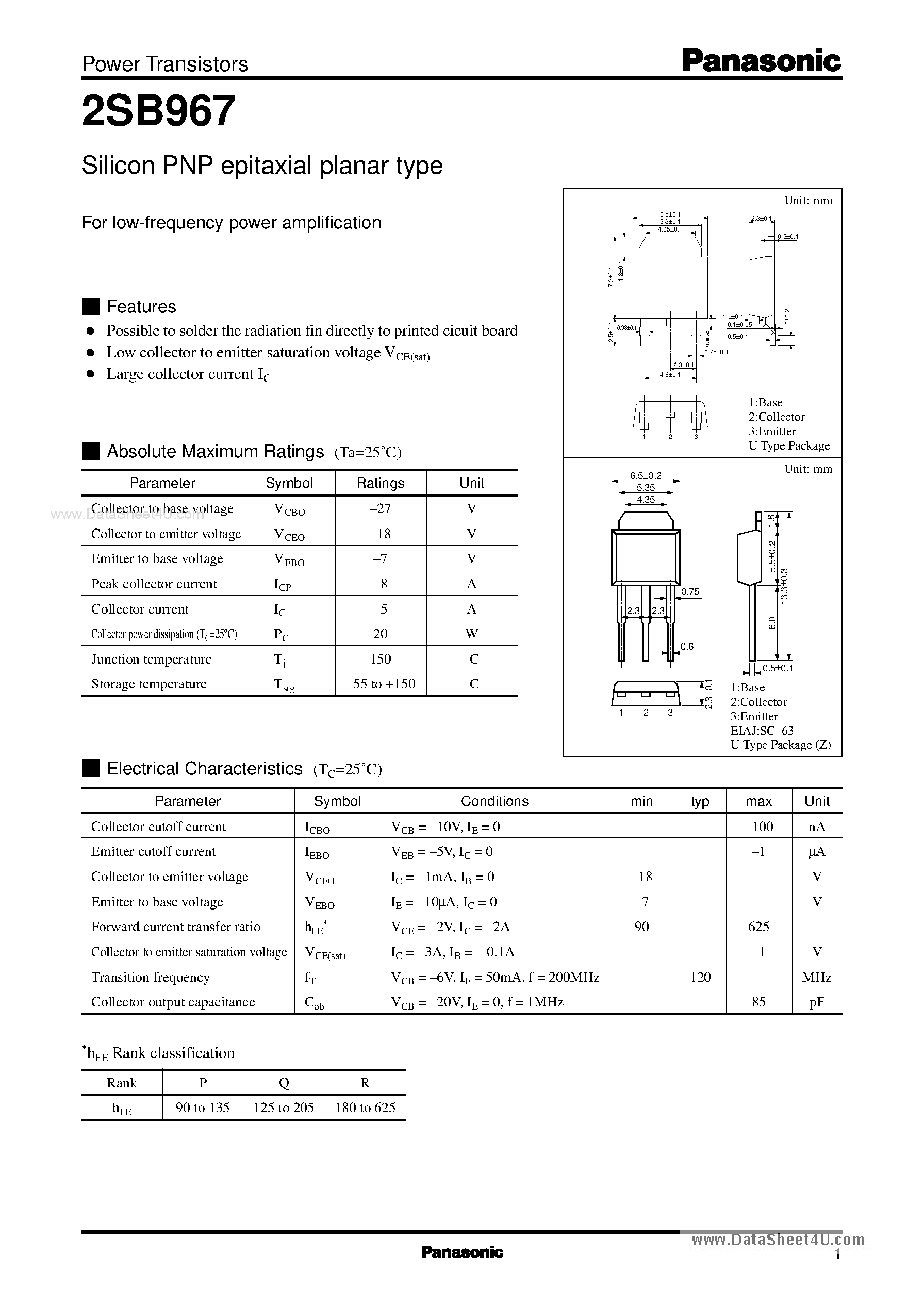 Datasheet 2SB0967 page 1 Datasheet 2SB0967 - Silicon PNP epitaxial planar type power transistor page 1