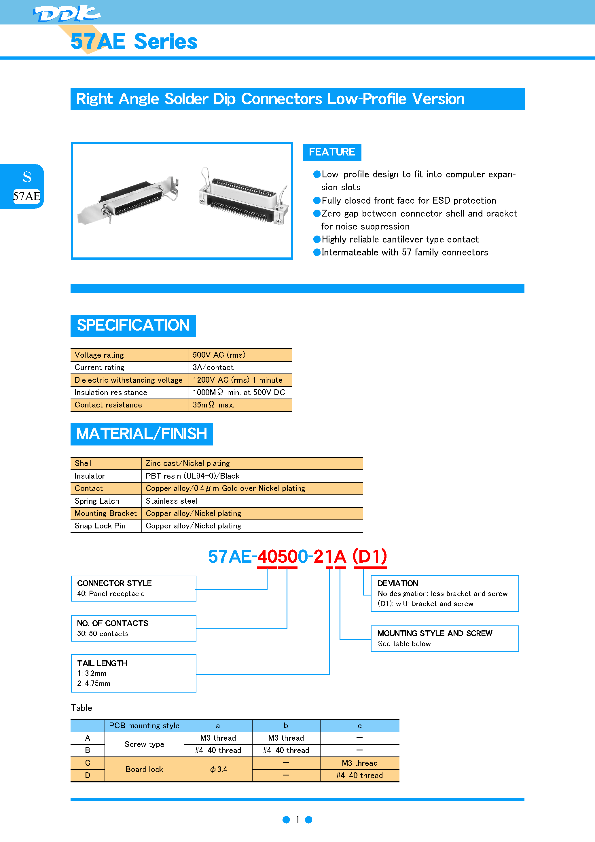 Даташит на микросхему 57AE страница 1 Даташит 57AE - Right Angle Solder Dip Connectors страница 1