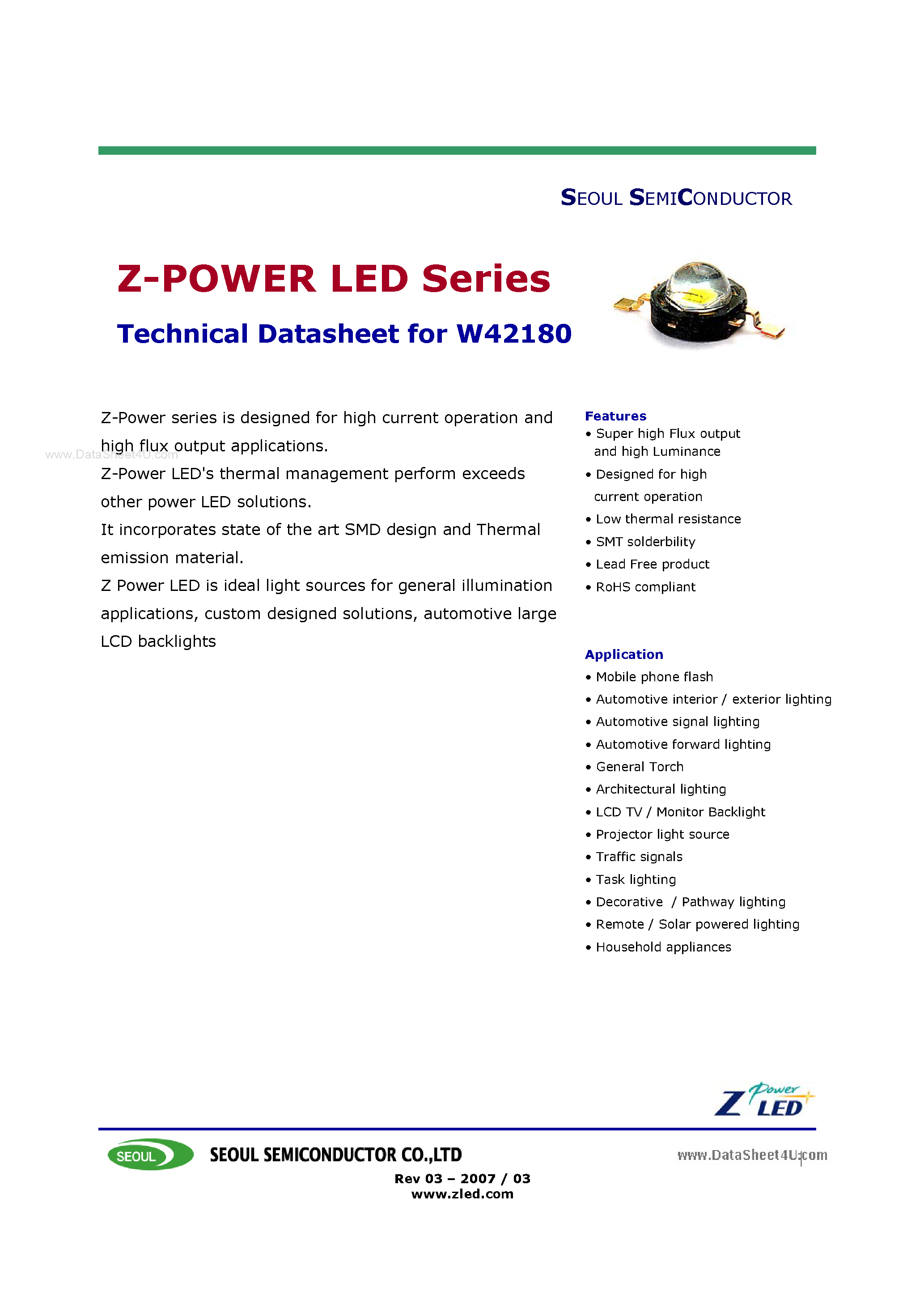 Datasheet W42180 - Z-POWER LED page 1
