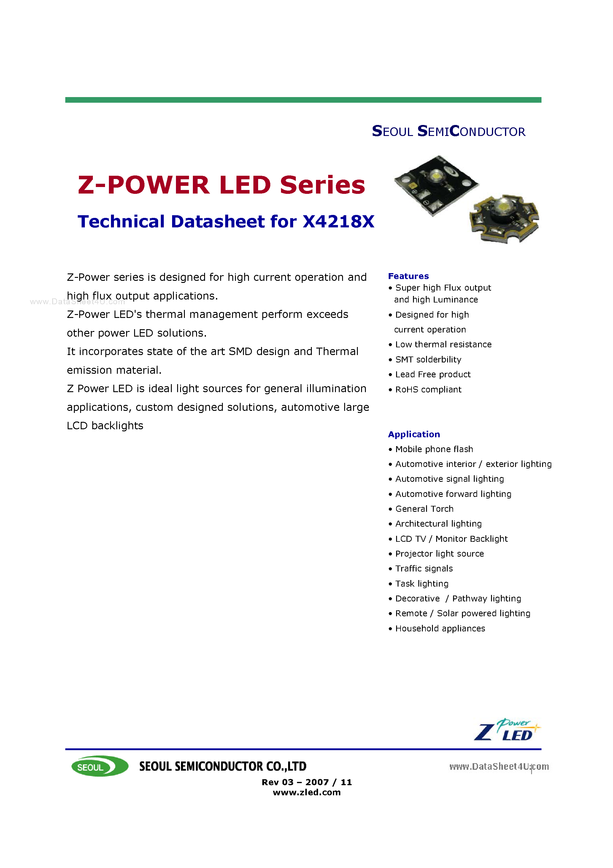 Datasheet W4218x page 1 Datasheet W4218x - Z-POWER LED page 1