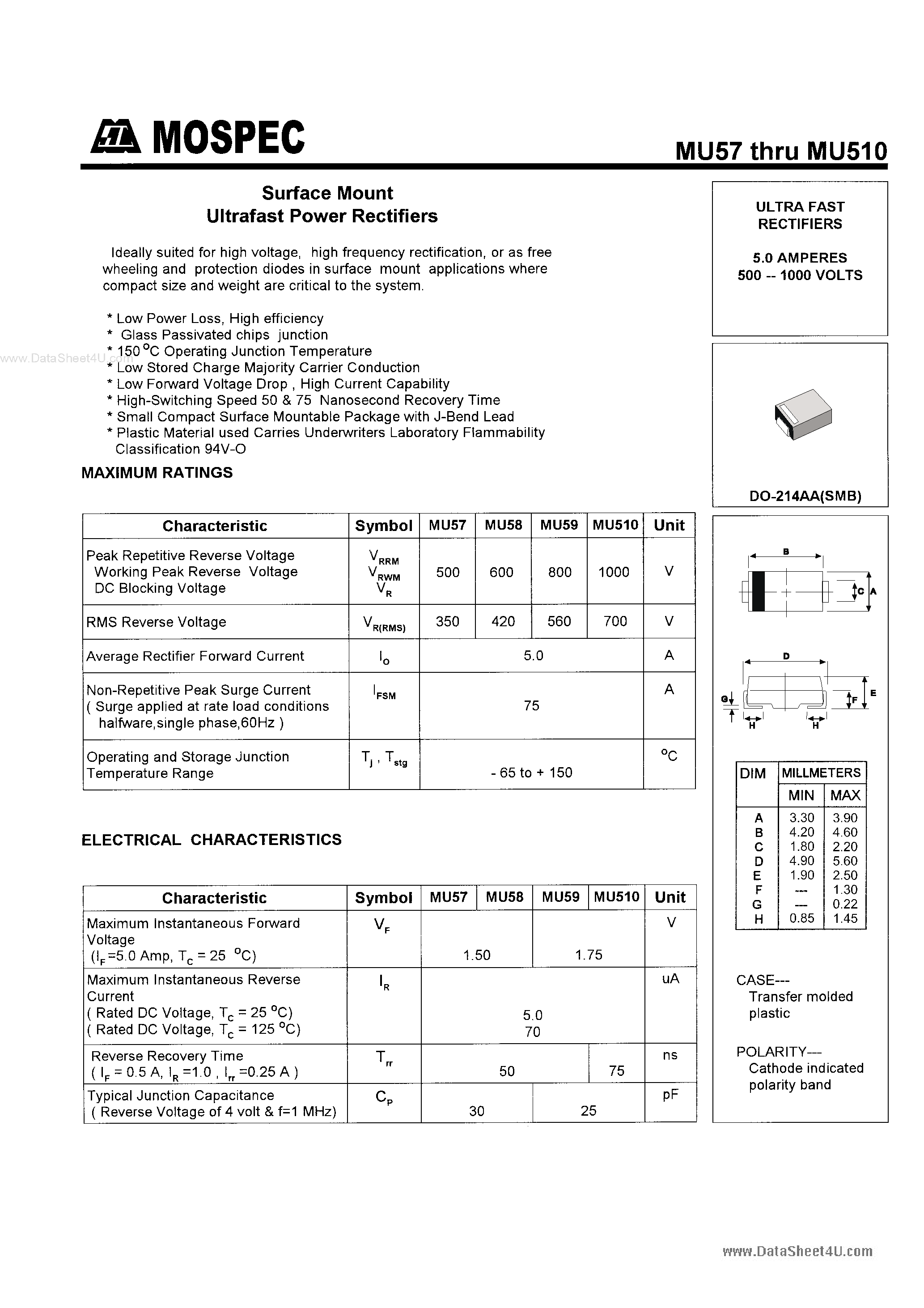 Datasheet MU510 page 1 Datasheet MU510 - (MU57 - MU510) POWER RECTIFIERS page 1