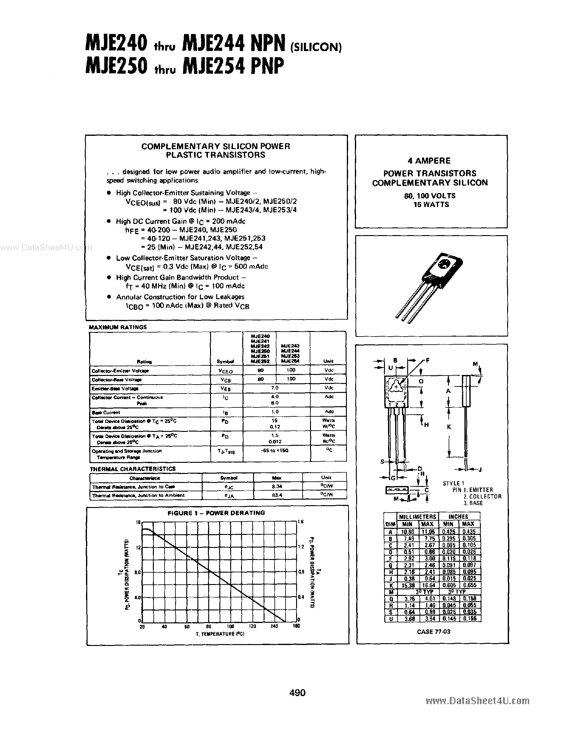 Datasheet MJE240 - (MJE2xx) COMPLEMENTARY SILICON POWER TRANSISTORS page 1