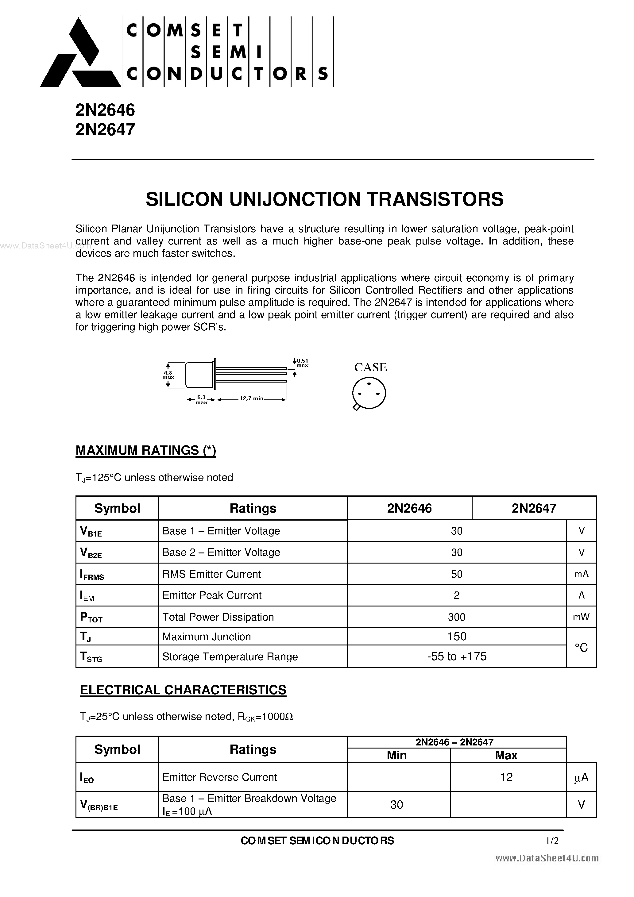 Даташит 2N2646 - (2N2646 / 2N2647) SILICON UNIJONCTION TRANSISTORS страница 1