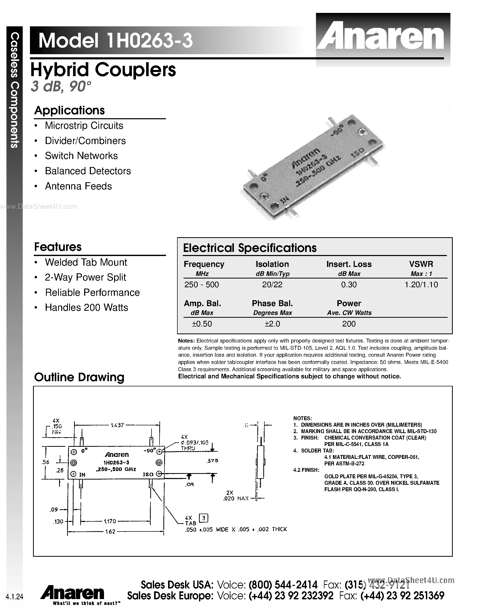 Datasheet 1H0263-3 - Hybrid Couplers page 1