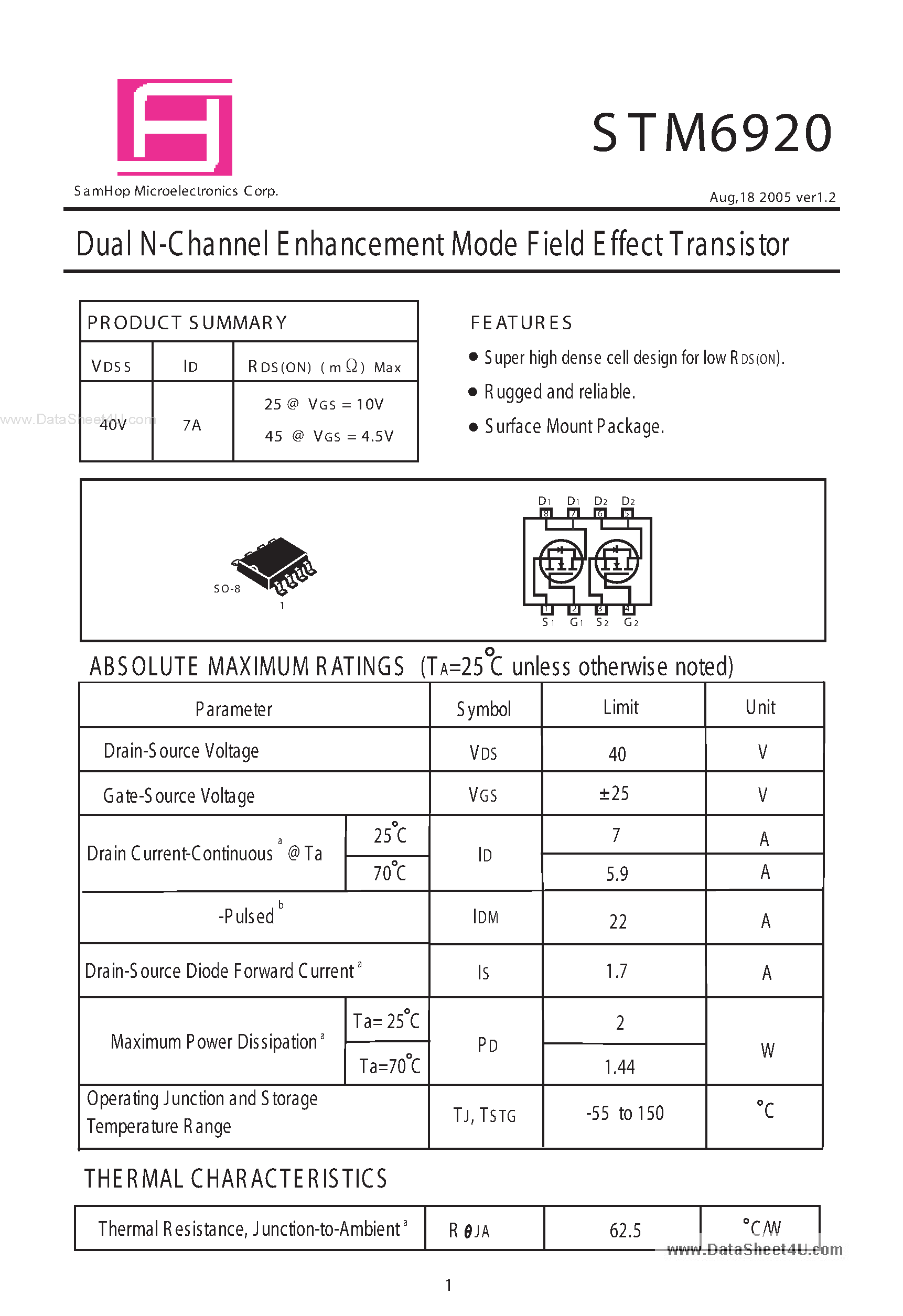 Даташит STM6920 - Dual N-Channel E nhancement Mode Field Effect Transistor страница 1