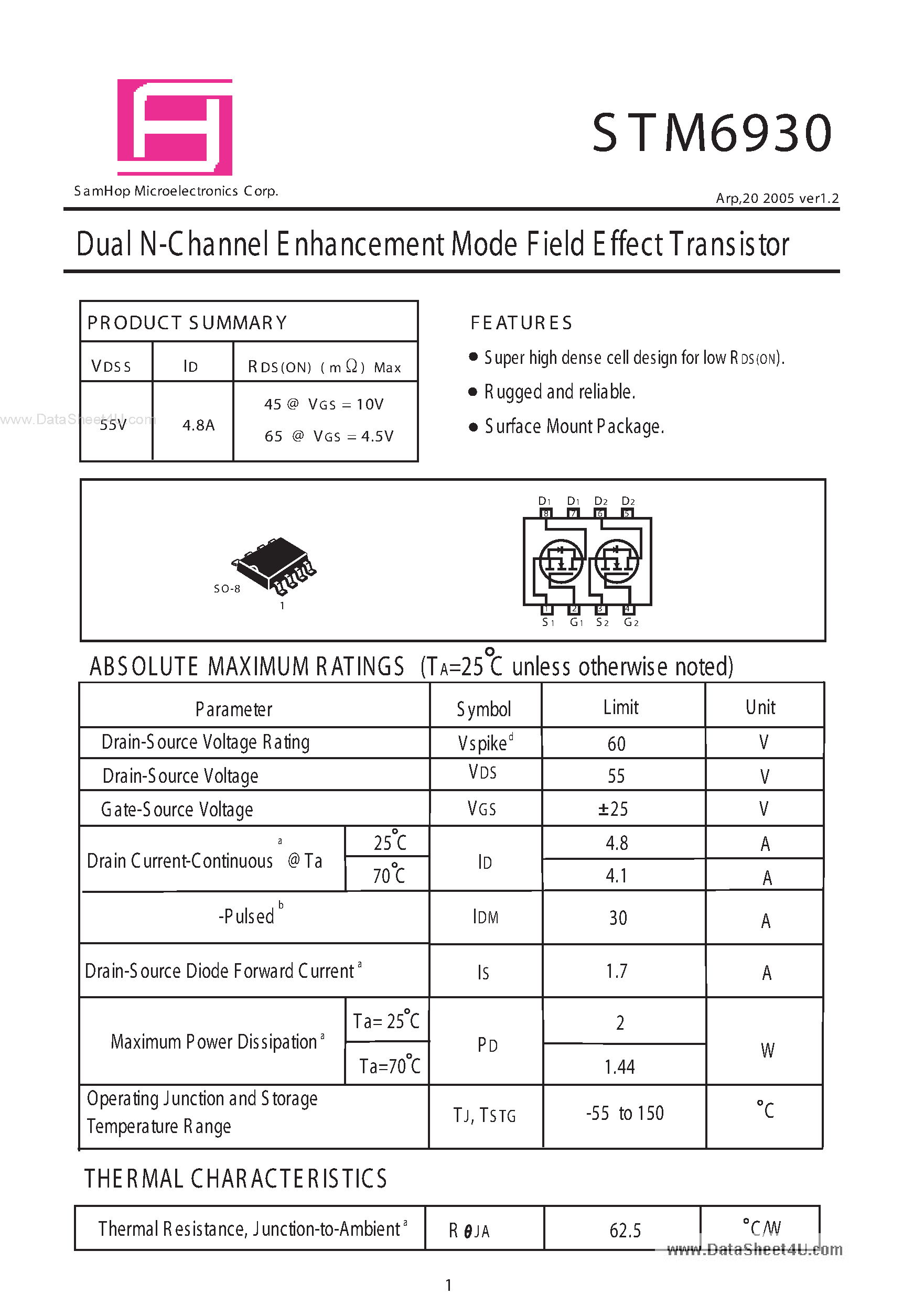 Datasheet STM6930 - Dual N-Channel E nhancement Mode Field Effect Transistor page 1