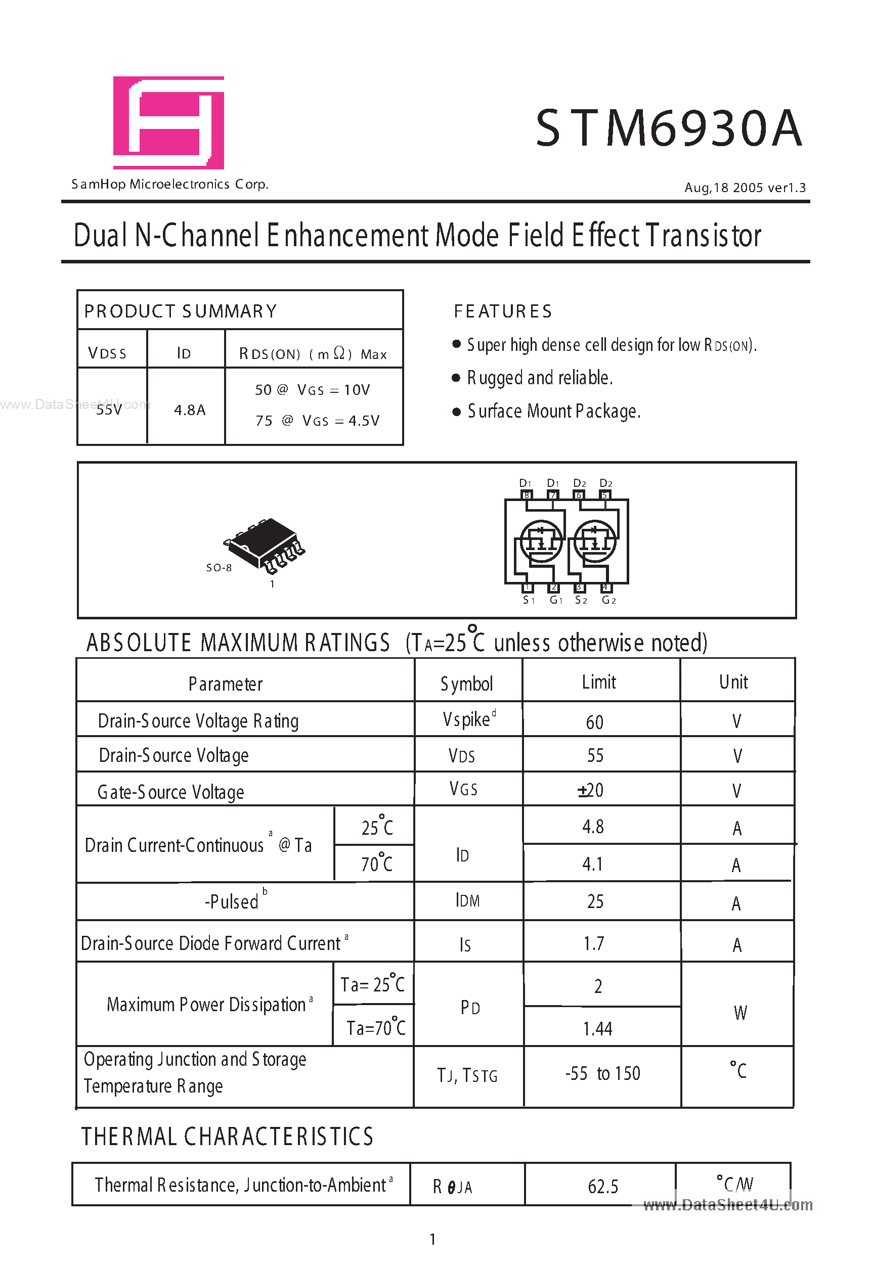 Даташит на микросхему STM6930A страница 1 Даташит STM6930A - Dual N-Channel E nhancement Mode Field Effect Transistor страница 1