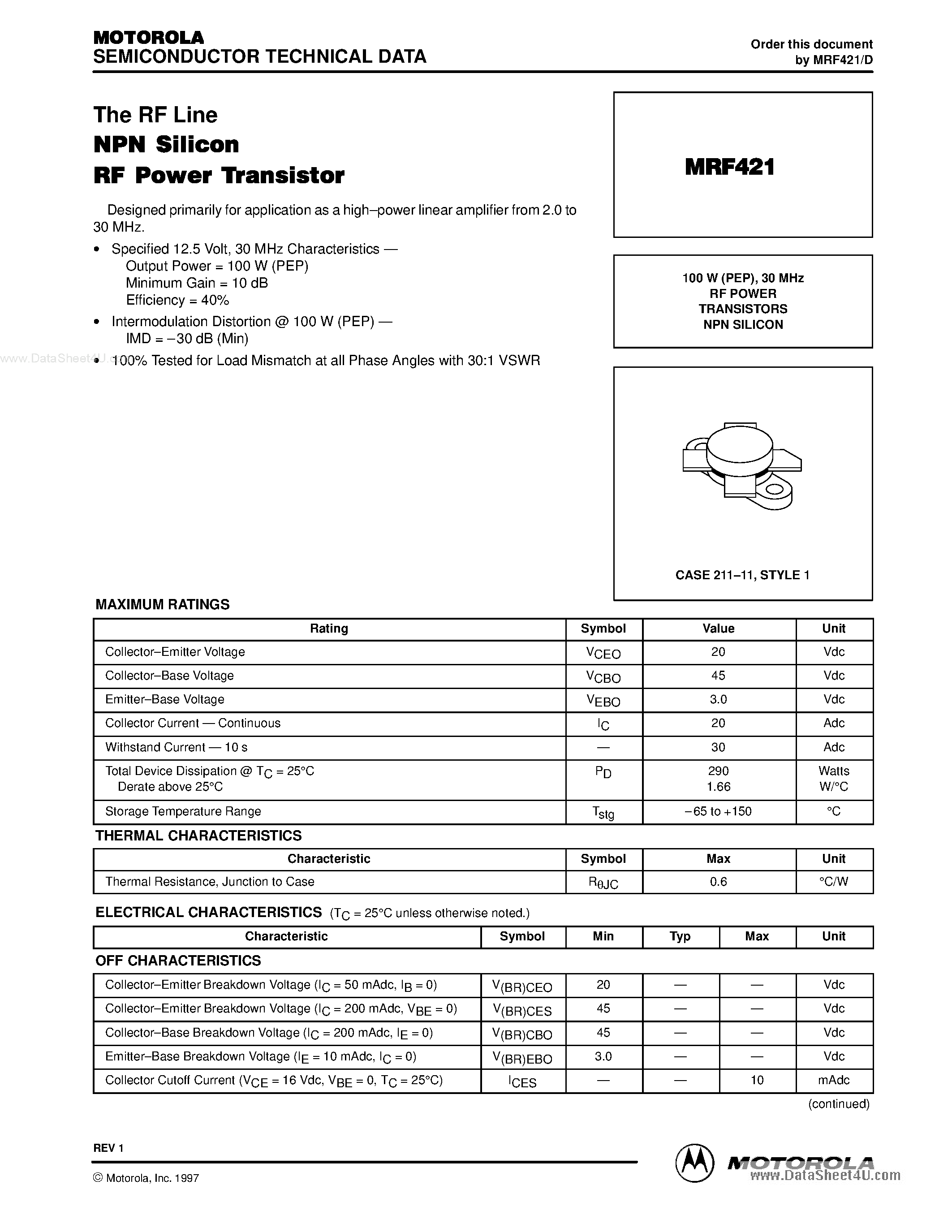 Datasheet MRF421 page 1 Datasheet MRF421 - RF POWER TRANSISTORS NPN SILICON page 1