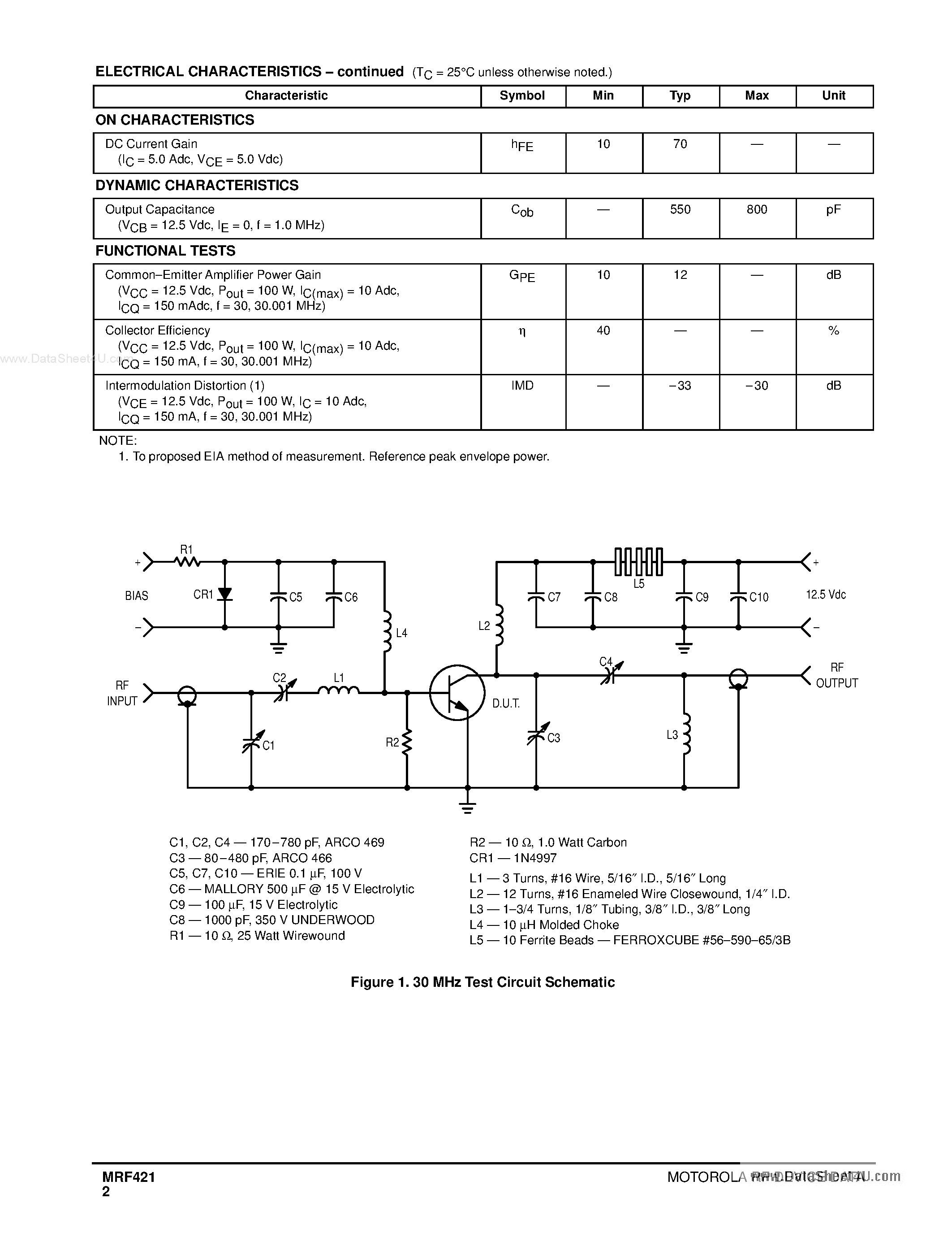 Datasheet MRF421 page 2 Datasheet MRF421 - RF POWER TRANSISTORS NPN SILICON page 2