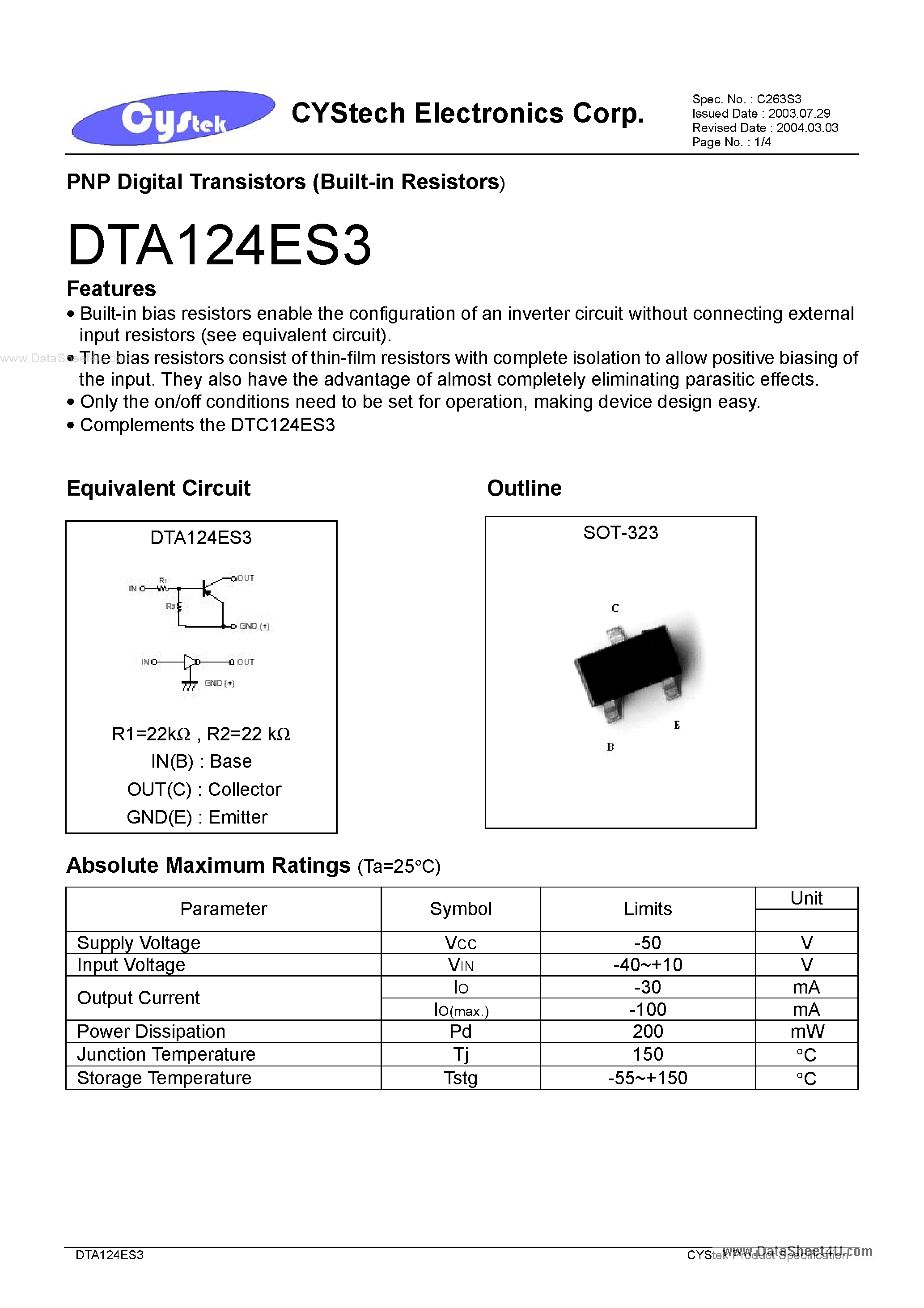 Даташит на микросхему DTC124ES3 страница 1 Даташит DTC124ES3 - PNP Digital Transistors страница 1