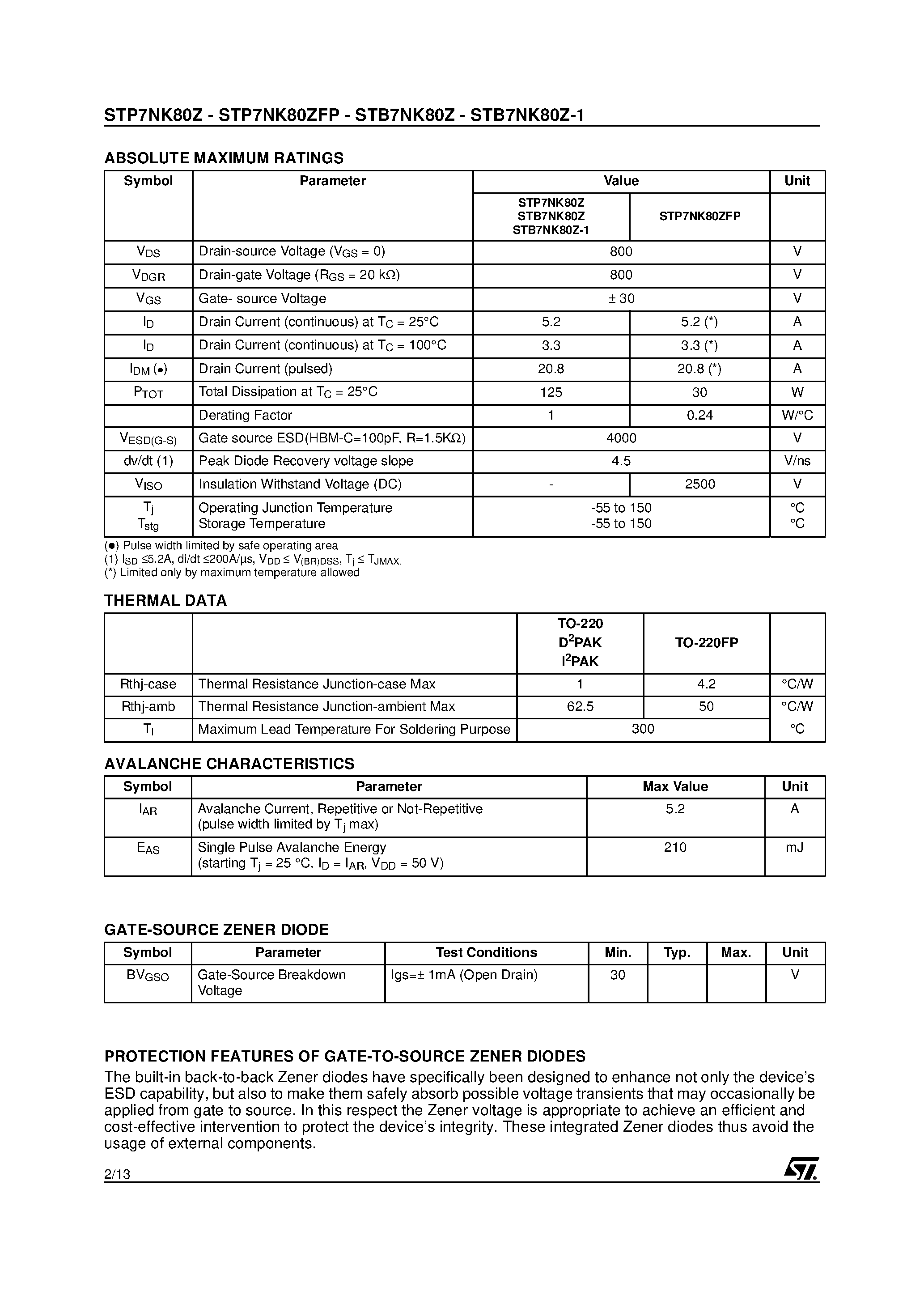 Datasheet STP7NK80Z - N-CHANNEL MOSFET page 2