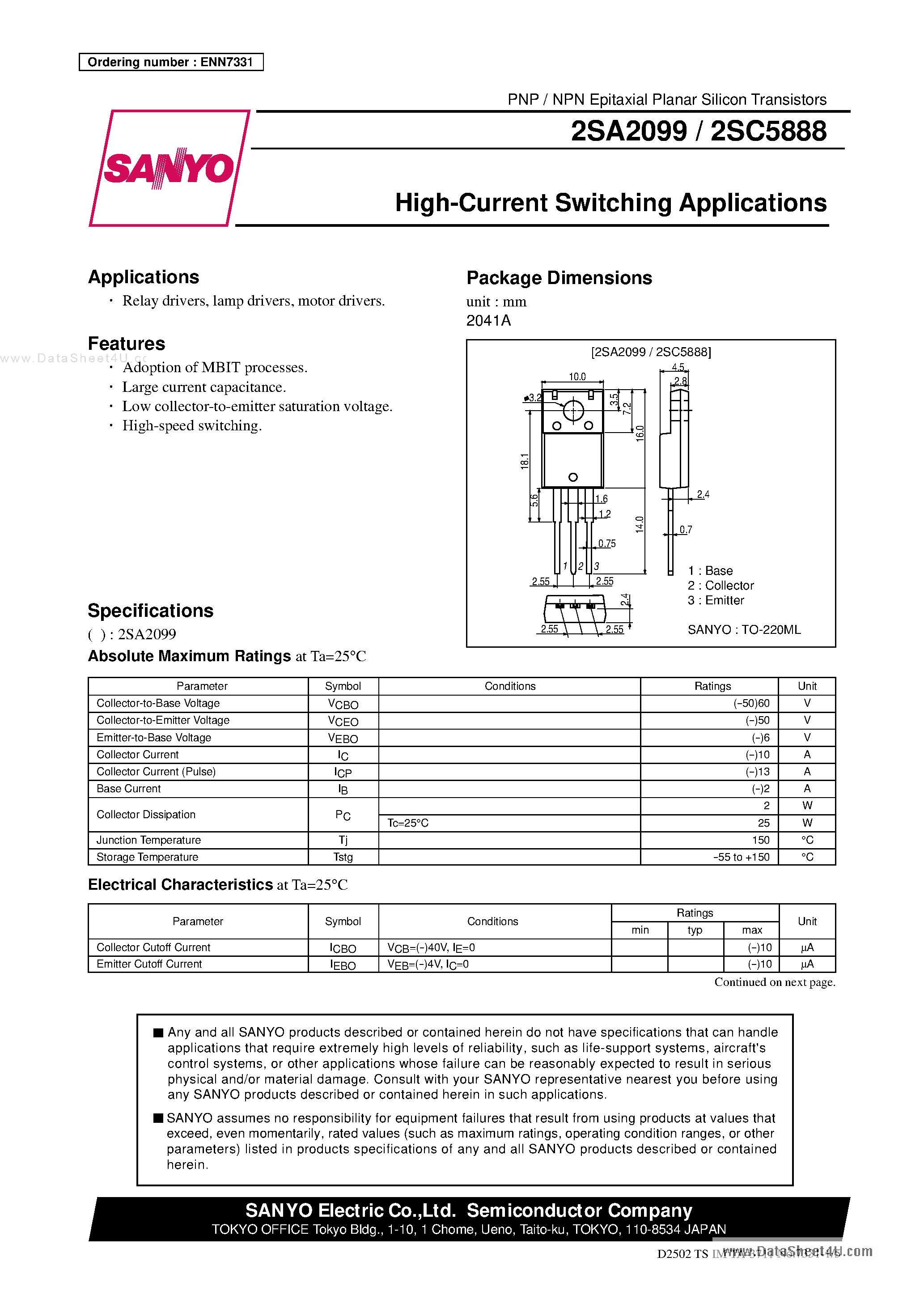 Datasheet 2SA2099 - High Current Switching Applications page 1