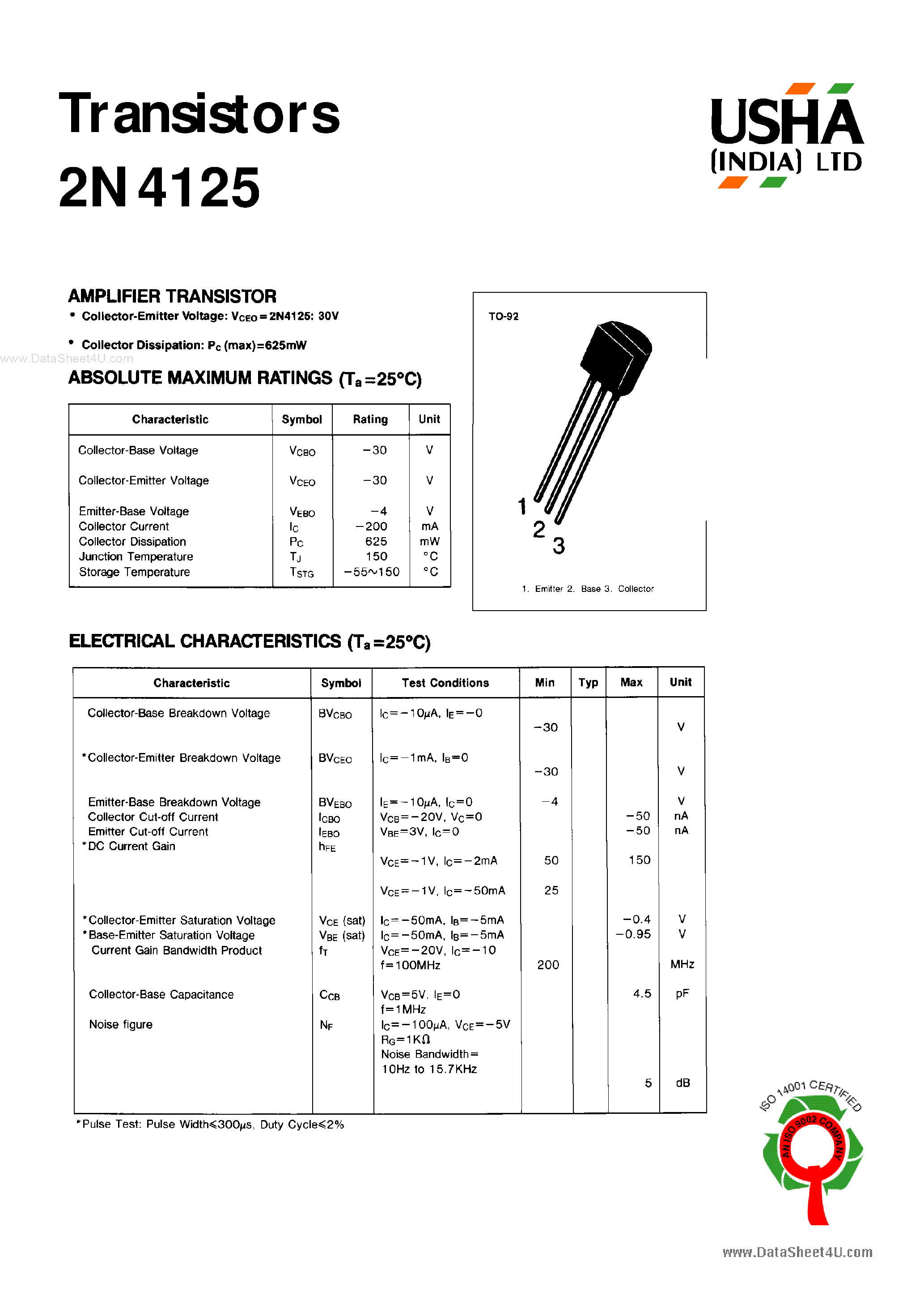 Datasheet 2N4125 - Amplifier transistor page 1
