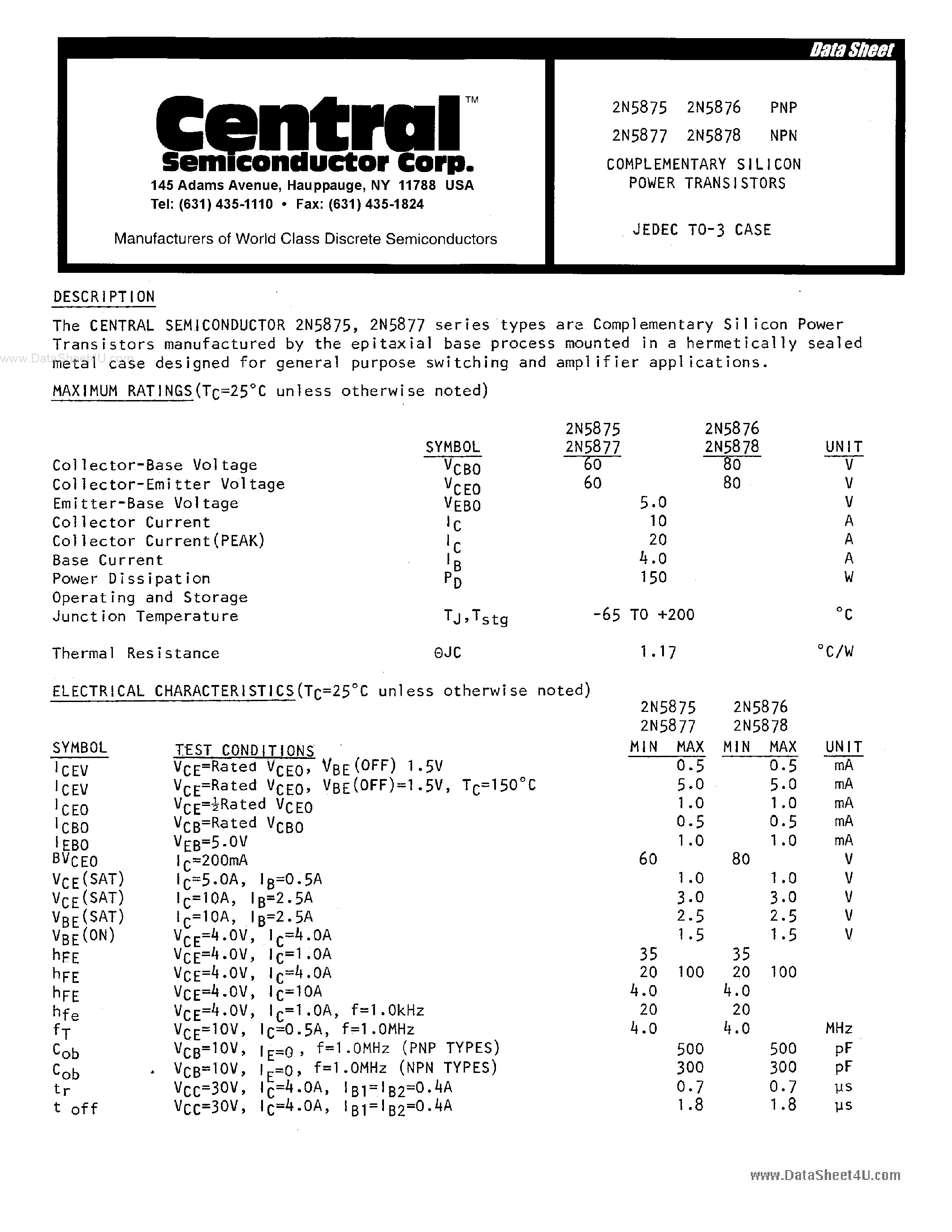 Datasheet 2N5875 - (2N5875 - 2N5878) Transistor page 1