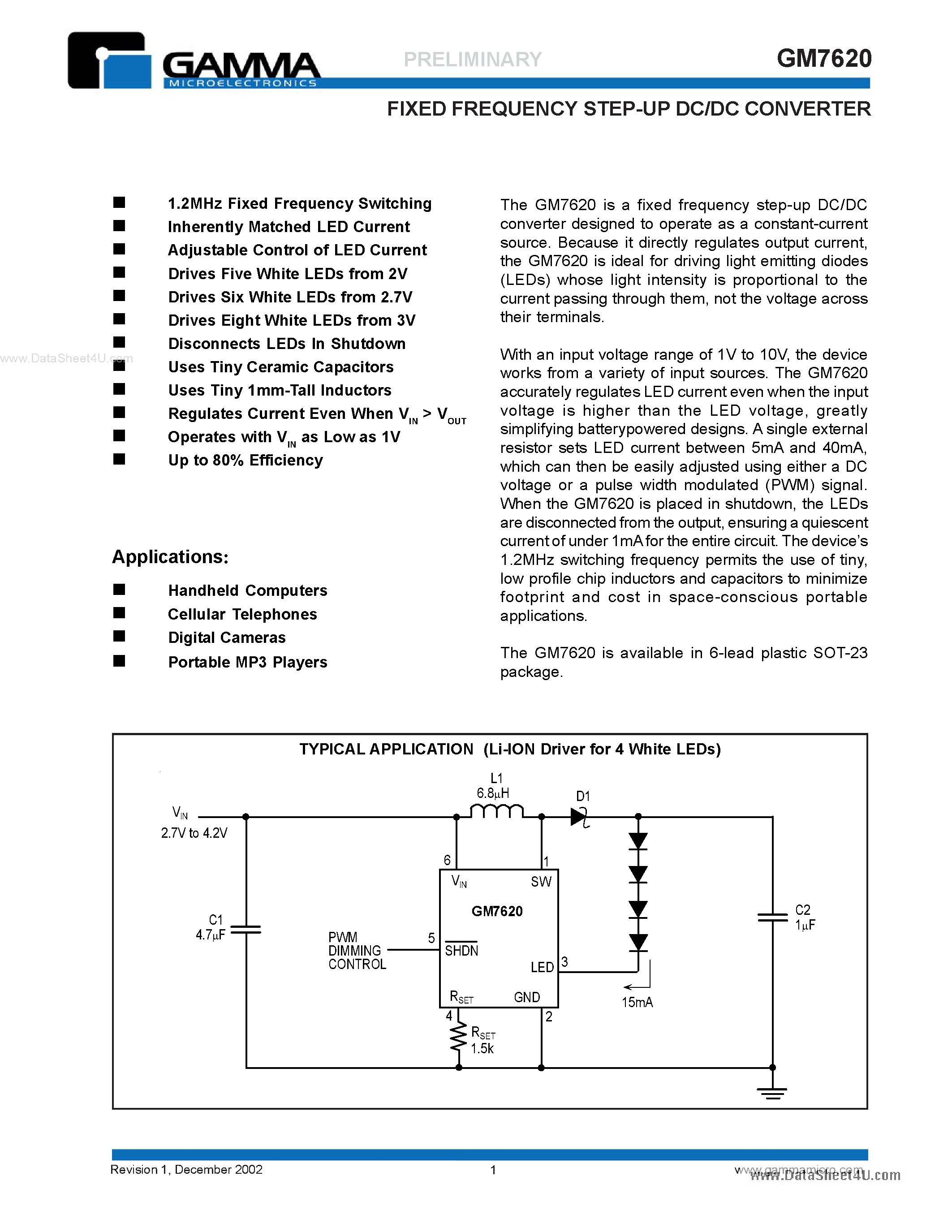Даташит на микросхему GM7620 страница 1 Даташит GM7620 - Fixed Frequency Step-up Dc-to-dc Converter страница 1