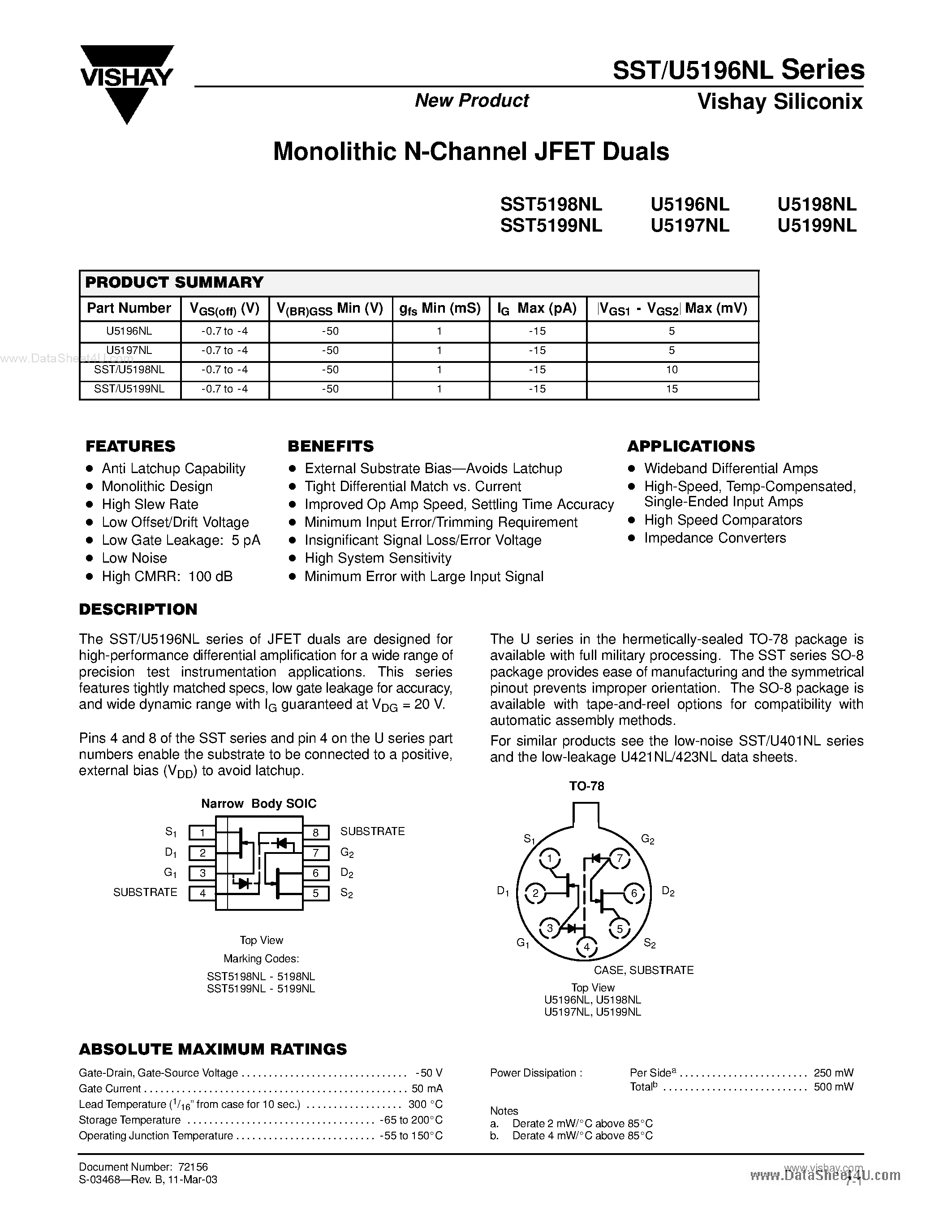 Datasheet U5196NL - (U5196NL - U5199NL) Monolithic N-channel JFET Duals page 1