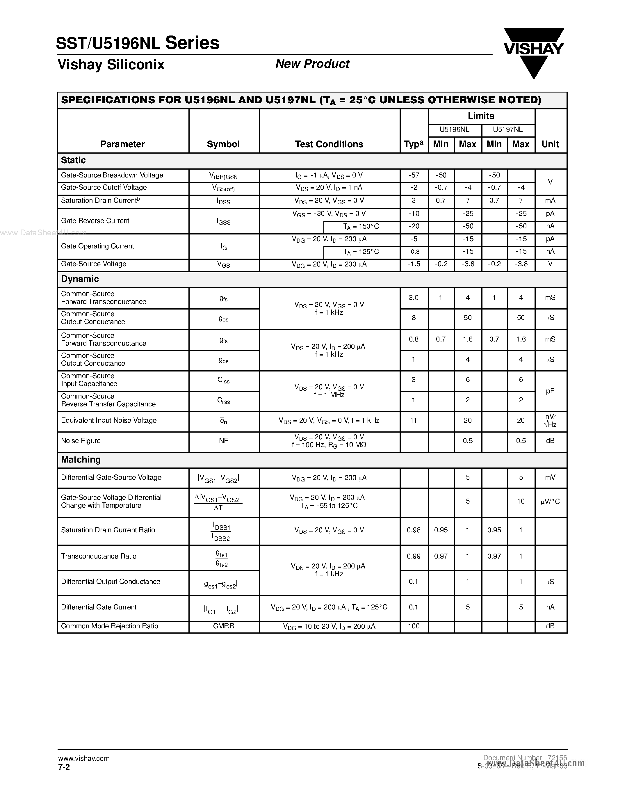 Datasheet U5196NL - (U5196NL - U5199NL) Monolithic N-channel JFET Duals page 2