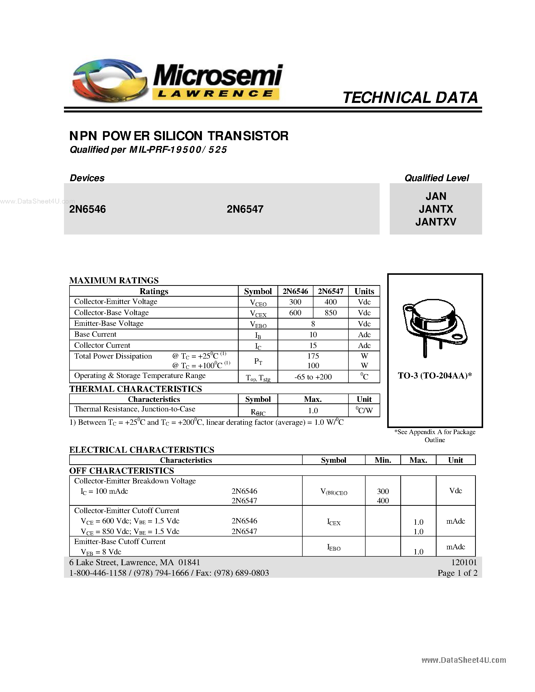 Datasheet 2N6546 - (2N6546 / 2N6547) NPN POWER SILICON TRANSISTOR page 1