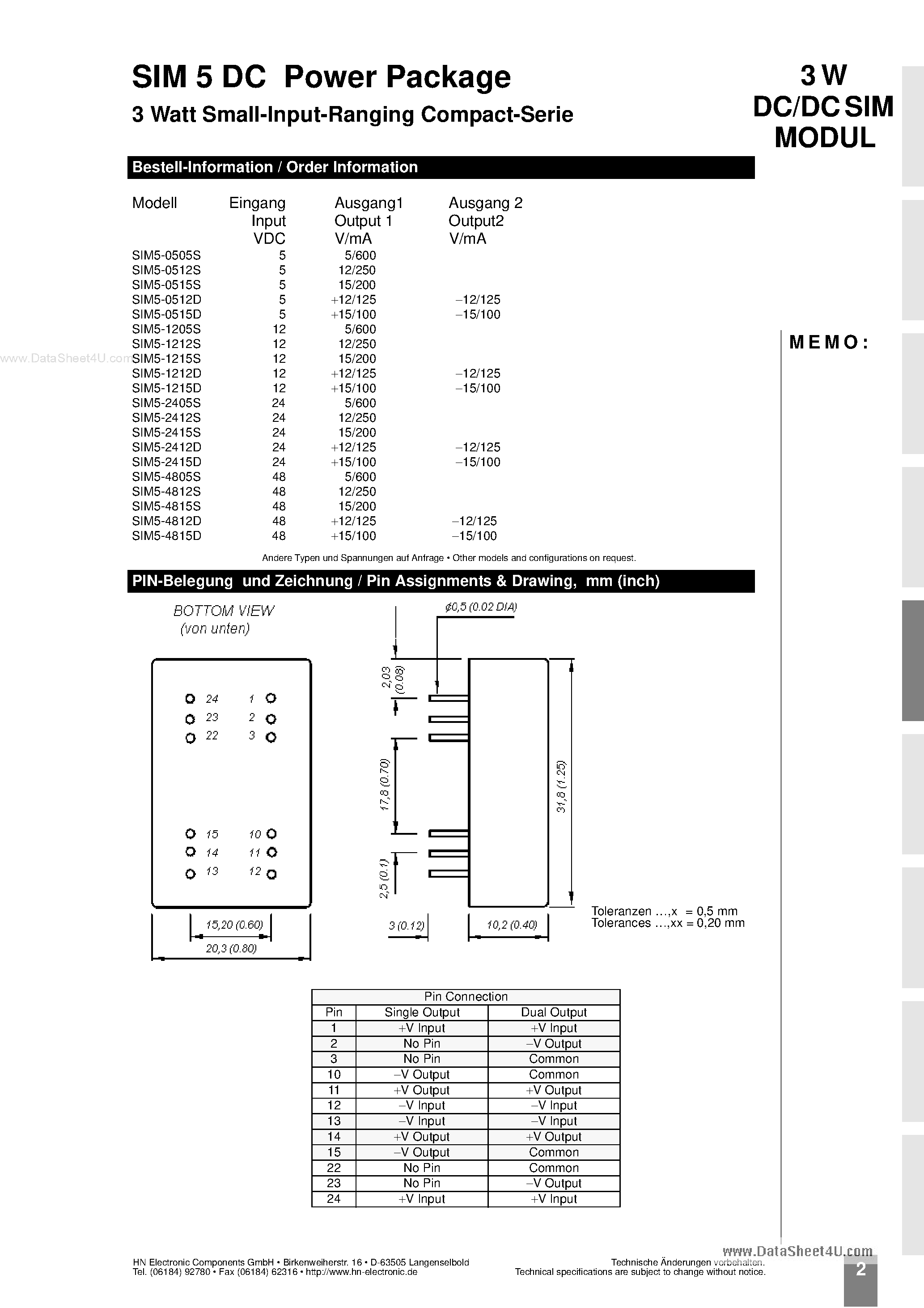 Datasheet SIM5 page 2 Datasheet SIM5 - 3 Watt Small-Input-Ranging Compact-Serie page 2