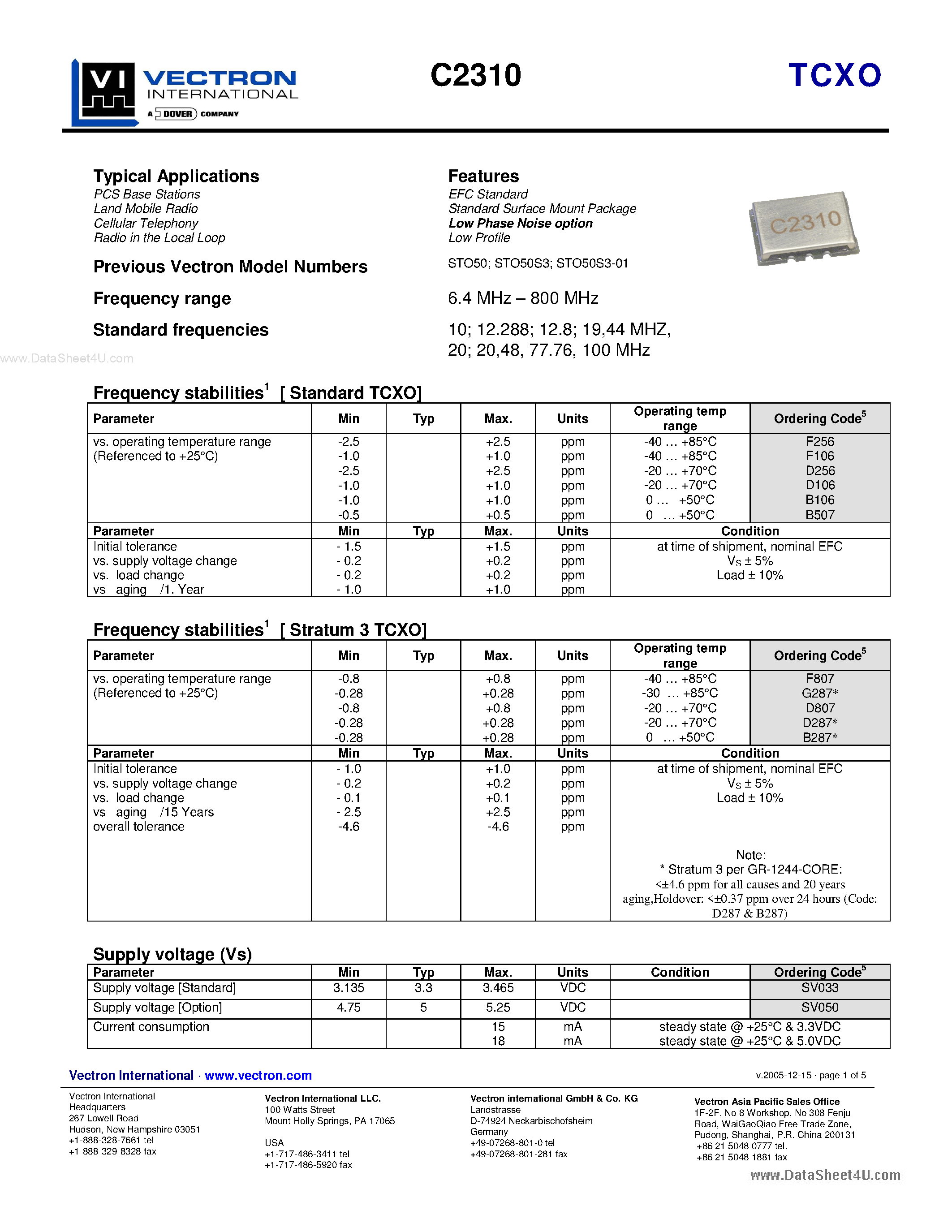 Datasheet C2310 - TCXO EFC Standard Standard Surface Mount Package Low Phase Noise option Low Profile page 1