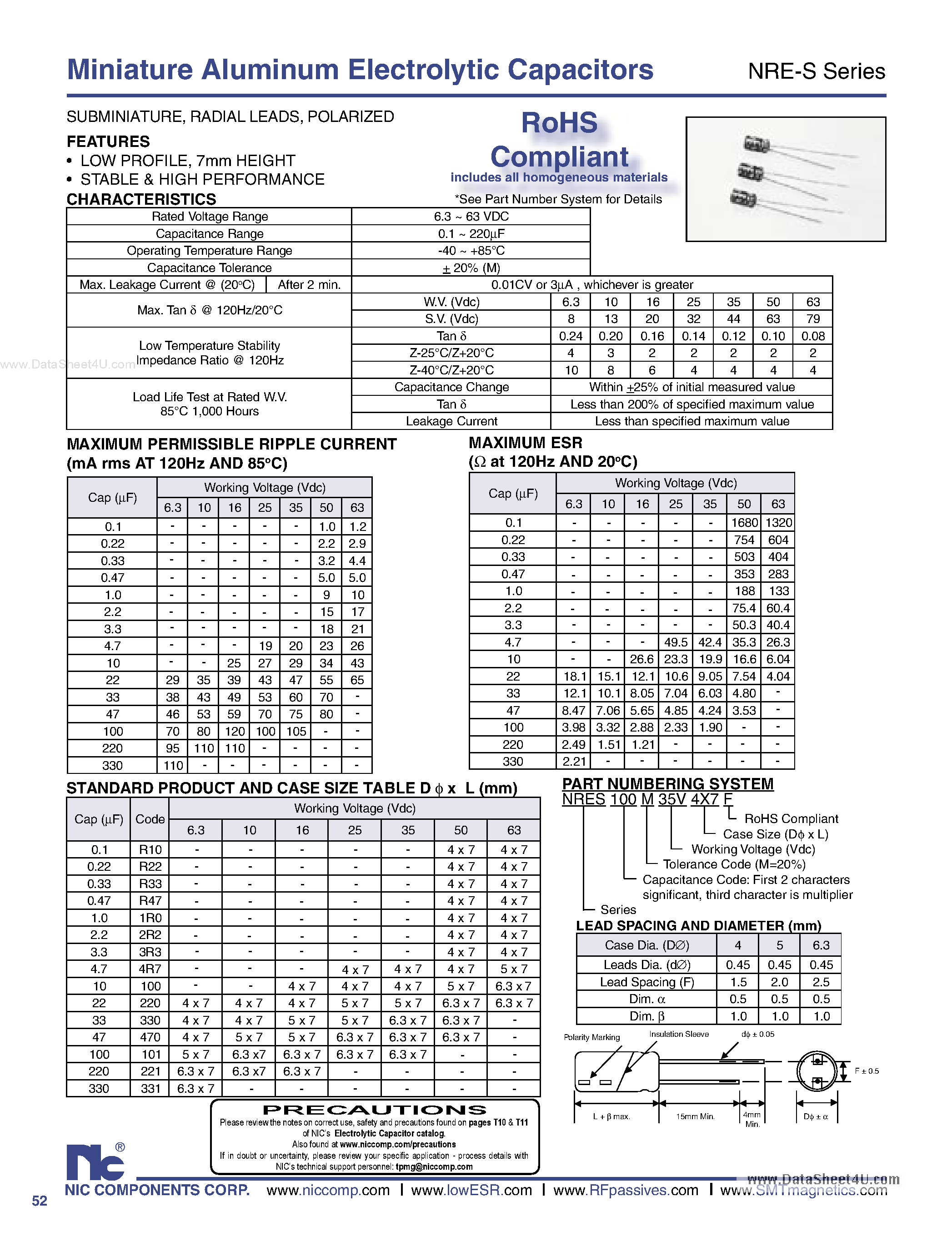 Datasheet NRES0.1Mxxxxx - (NRE-S Series) Miniature Aluminum Electrolytic Capacitors page 1
