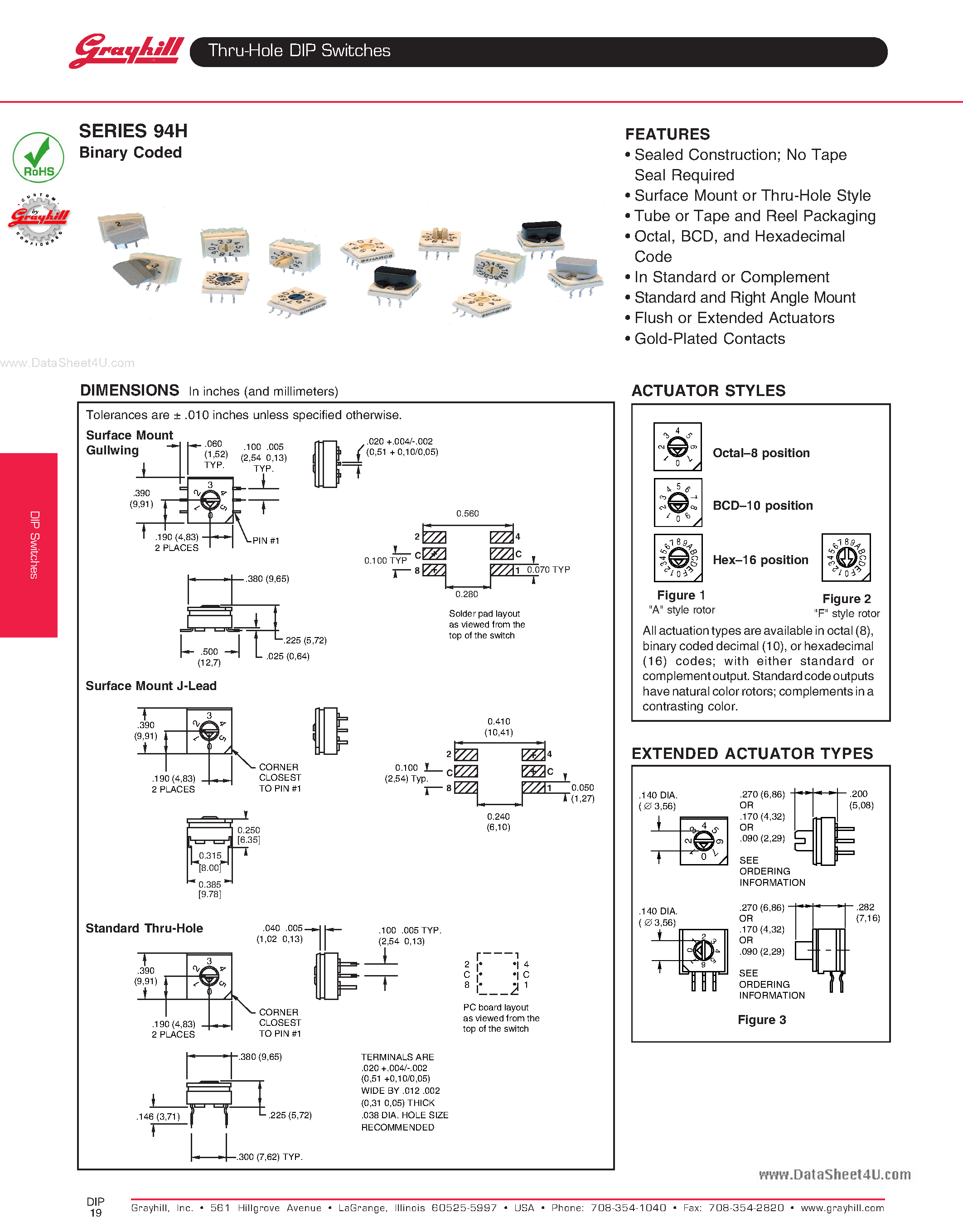 Datasheet 94Hxxxx - Thru-Hole DIP Switches page 1
