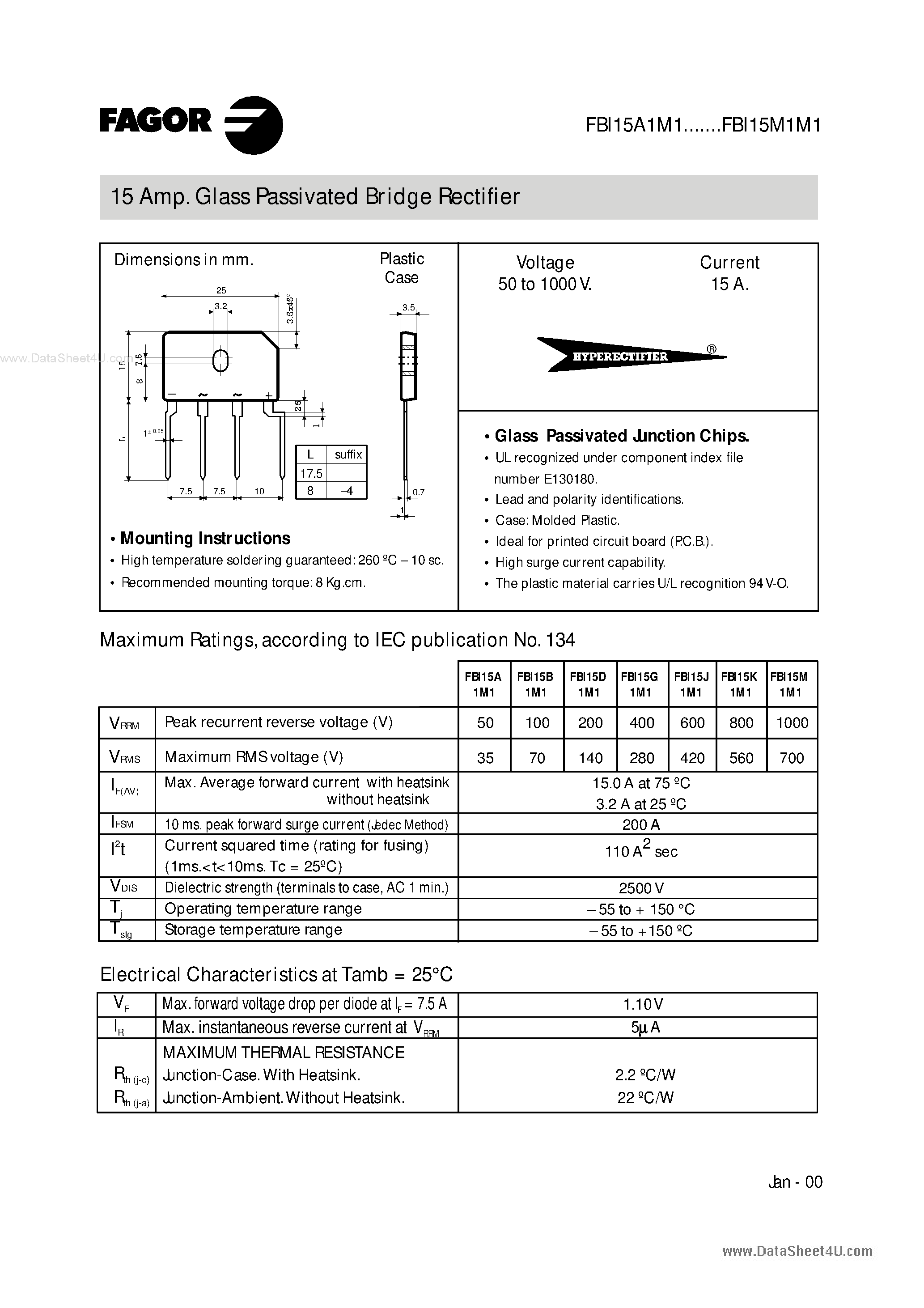 Даташит на микросхему FBI15A1M1 страница 1 Даташит FBI15A1M1 - (FBI15x1M1) 15A Glass Passivated Bridge Rectifier страница 1