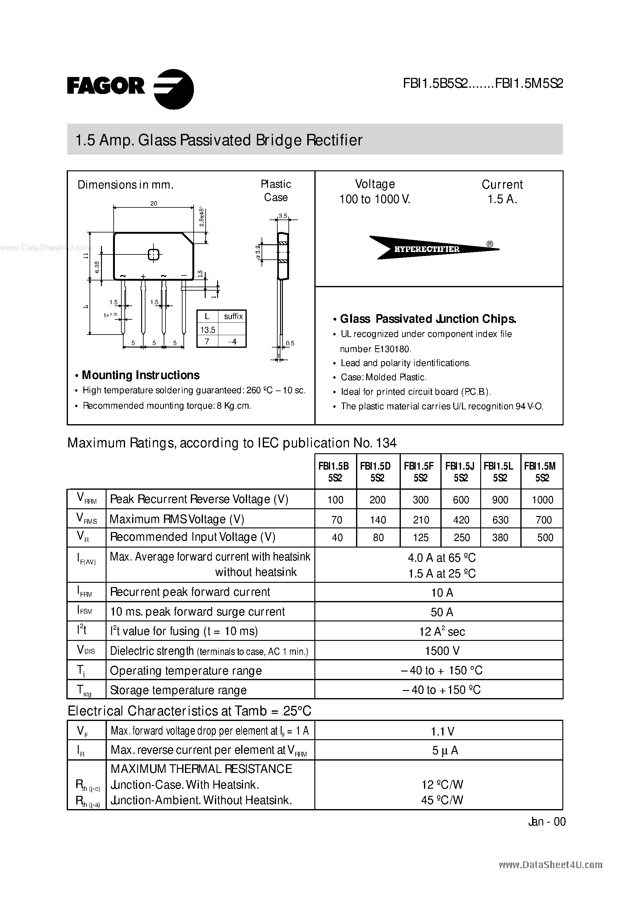 Datasheet FBI1.5B5S2 - (FBI1.5x5S2) 1.5A Glass Passivated Bridge Rectifier page 1
