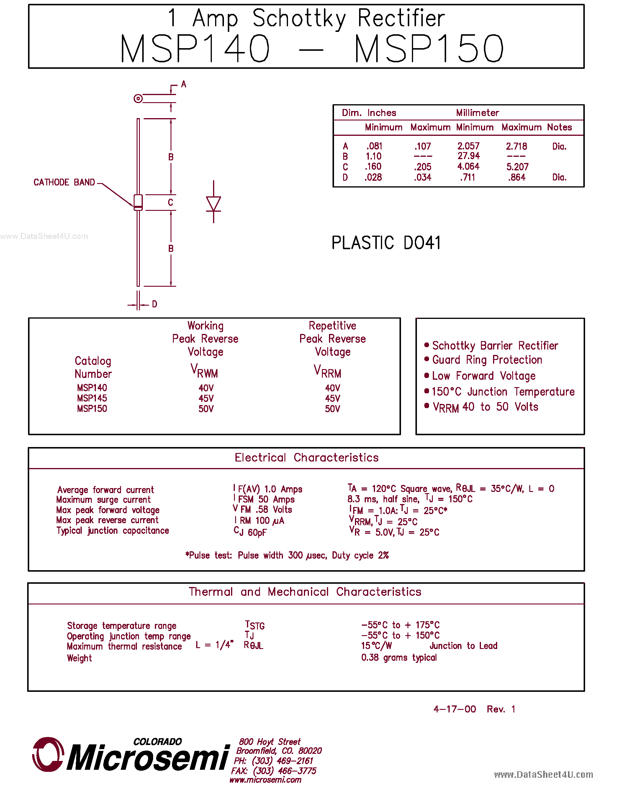 Datasheet MSP140 - (MSP140 - MSP150) 1 Amp Schottky Rectifier page 1