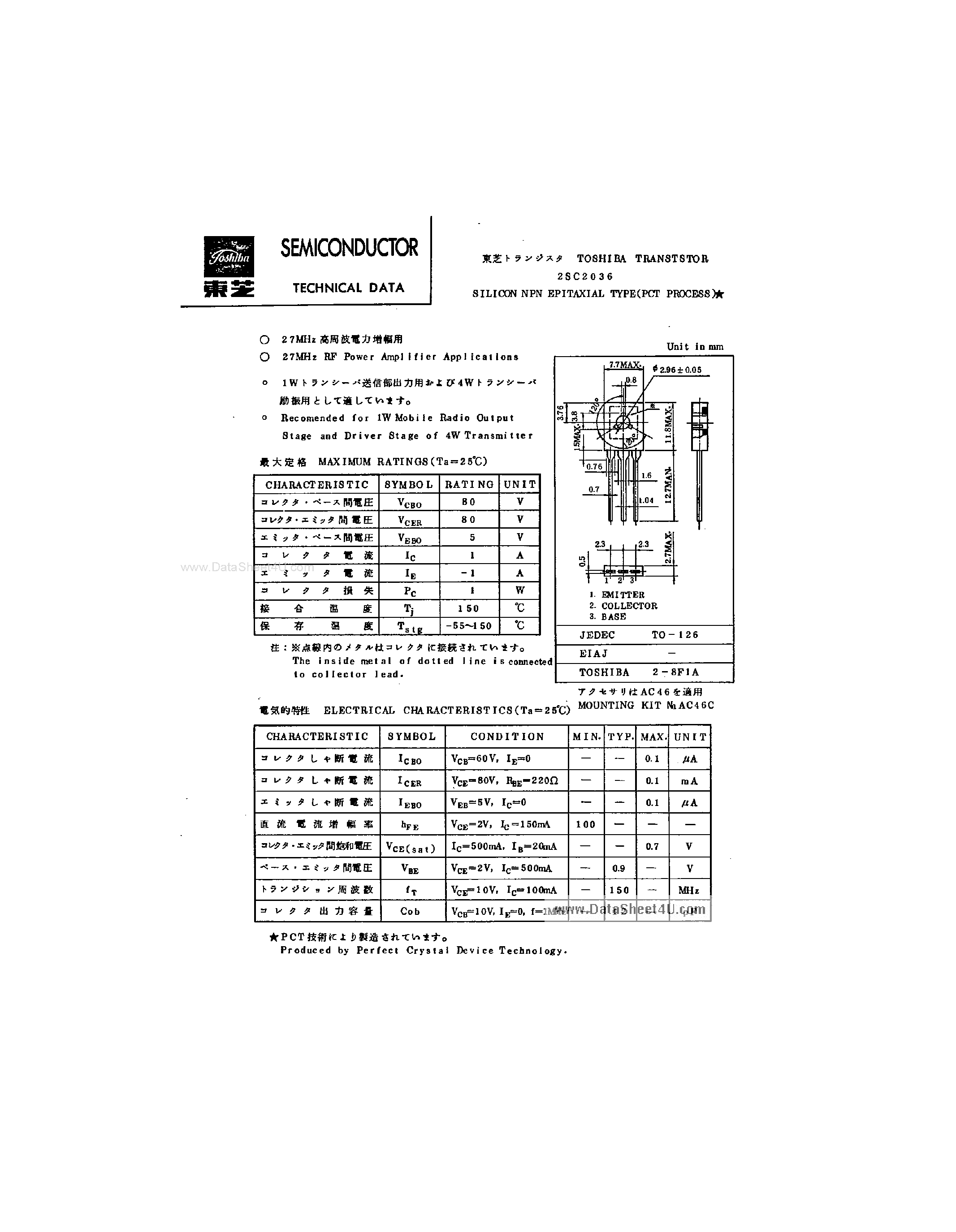 Datasheet 2SC2036 page 1 Datasheet 2SC2036 - TRANSTSTOR SILICON NPN EPITAXIAL TYPE page 1