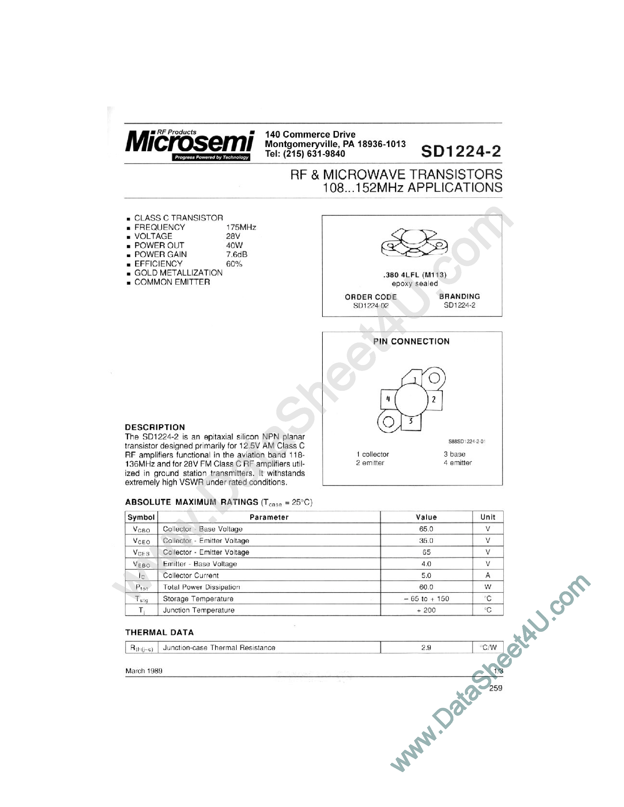 Datasheet SD1224-10 page 1 Datasheet SD1224-10 - RF & MICROWAVE TRANSISTORS HF SSB APPLICATIONS page 1